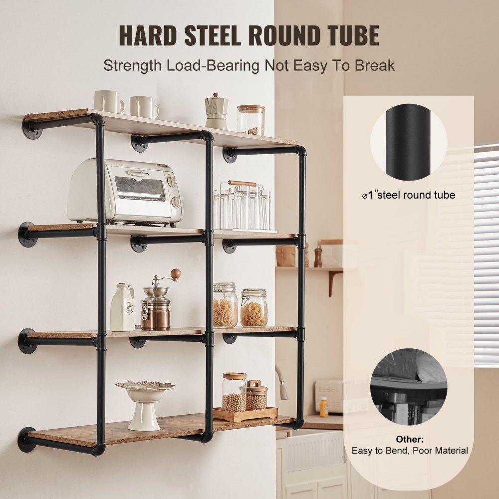 VEVOR Mensola per Tubi Industriali 4 Ripiani, Mensola in Legno Rustico Galleggiante da Parete 3 Pezzi, Larghezza di Tavola Applicabile 300 mm Supporto per Cucina, Camera da Letto (Tavole Non Incluse)