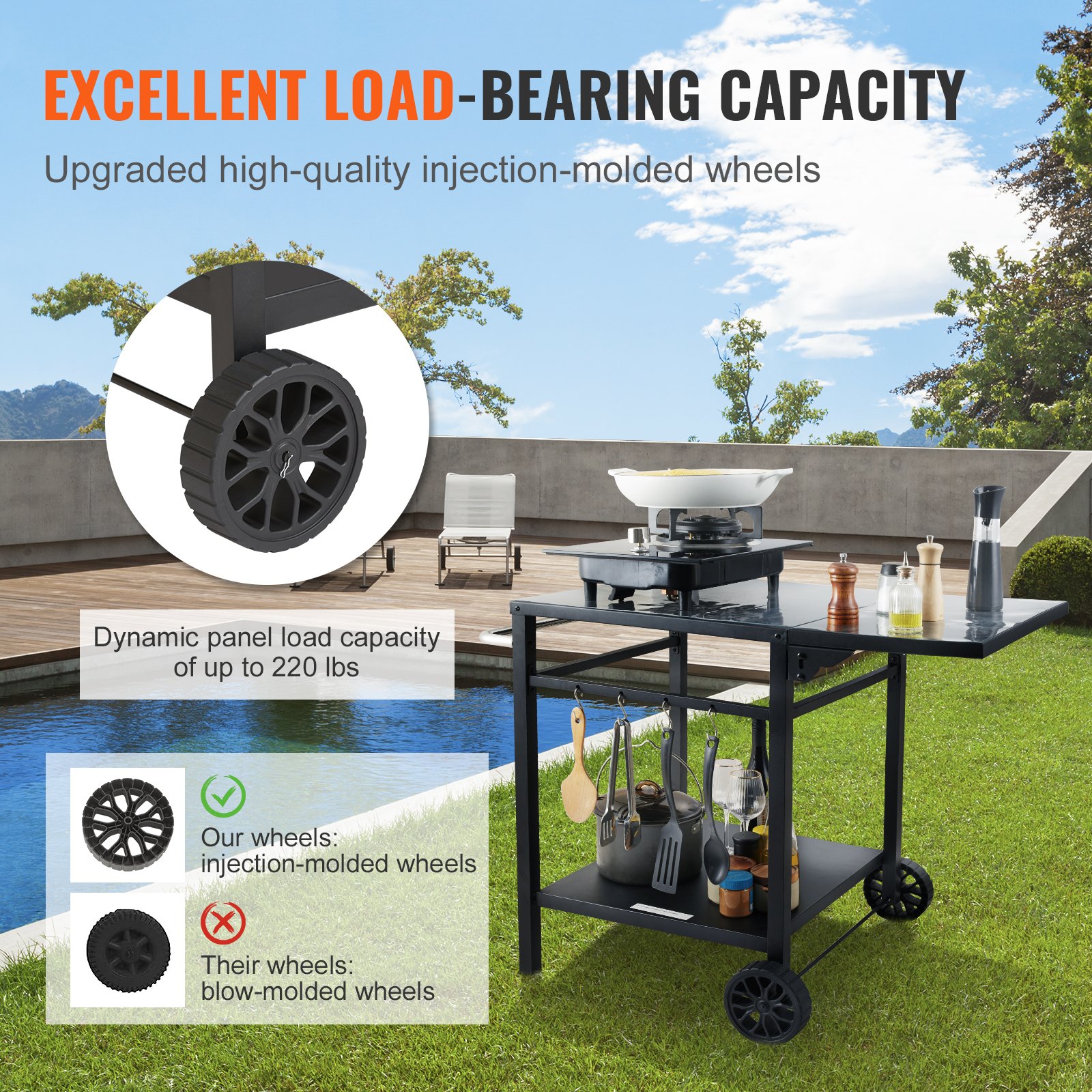 VEVOR Carrello da Pranzo per BBQ da Esterno con Doppio Ripiano, Tavolo Mobile per la Preparazione degli Alimenti per Barbecue, Piano Multifunzionale in Ferro Pieghevole, Carrelli Modulari per Esterno