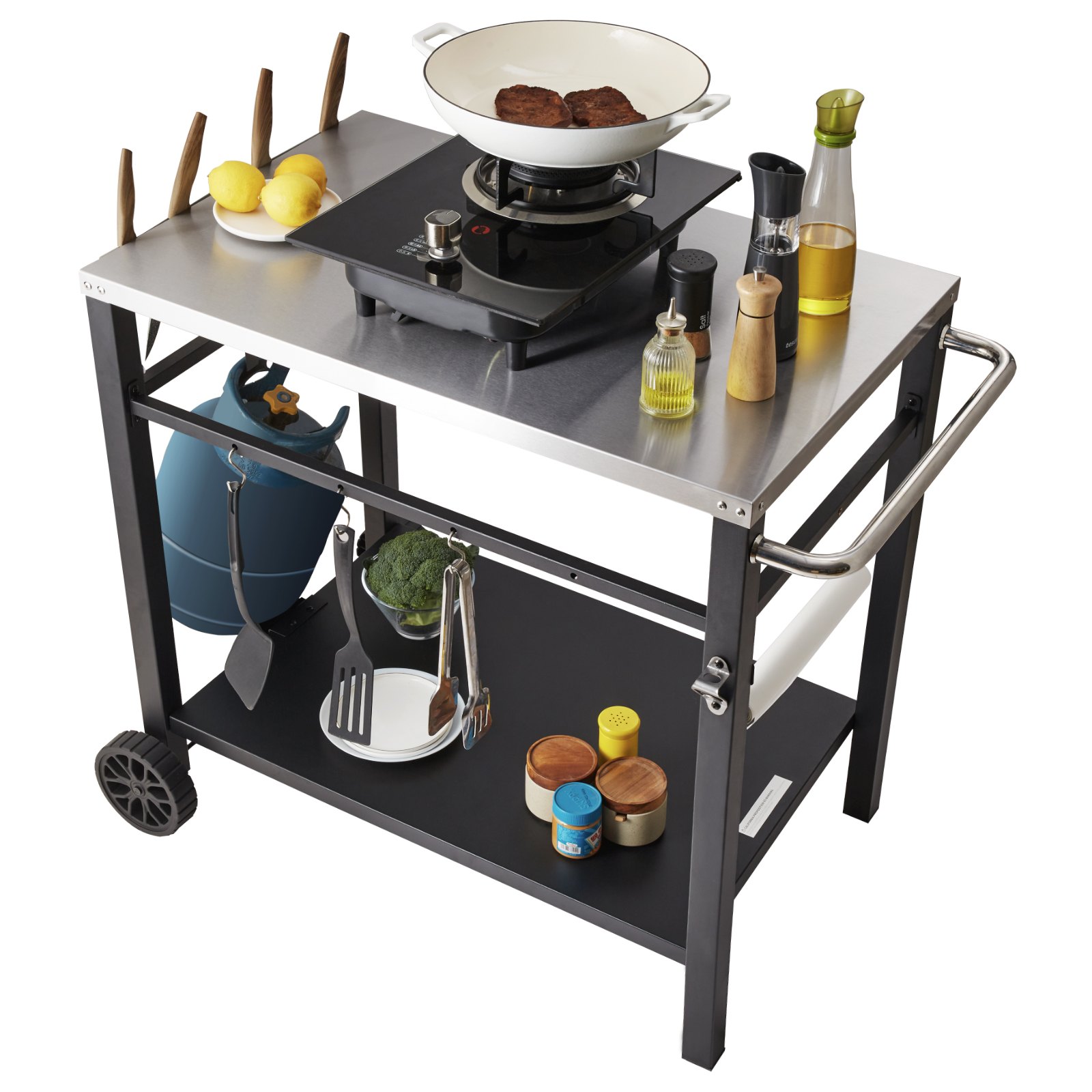 VEVOR Carrello da Pranzo per BBQ da Esterno con Doppio Ripiano, Tavolo Mobile Preparazione degli Alimenti per Barbecue, Piano Multifunzionale in Ferro Pieghevole, Carrelli da Esterno Piano 85x55 cm