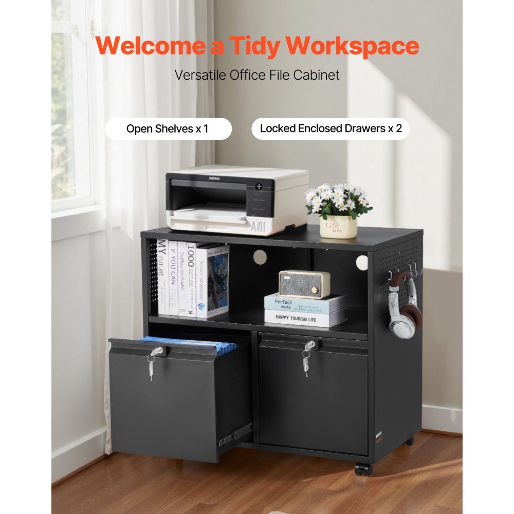 VEVOR Mobiletto Portadocumenti in Metallo a 2 Cassetti, Mobiletto Laterale con Serratura e Asta Appendiabiti Regolabile, Armadio Largo per Casa e Ufficio, Adatto per Documenti di Formato A4, Nero