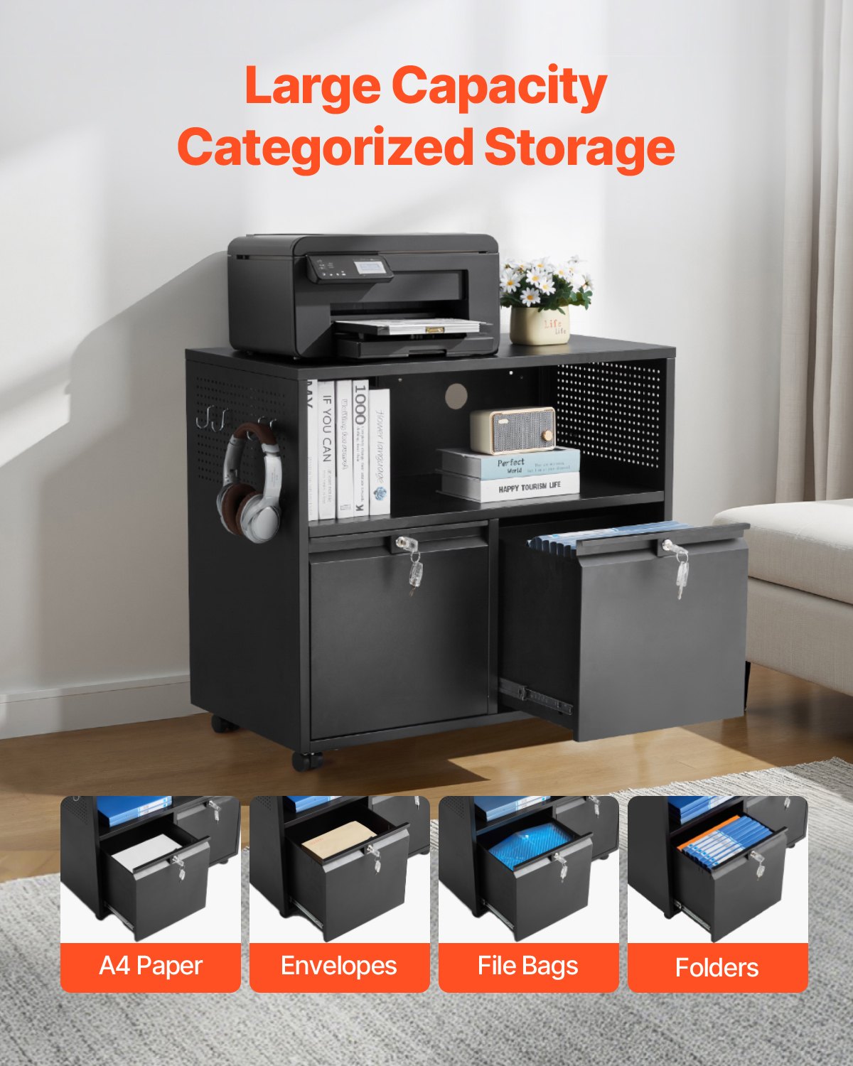 VEVOR Mobiletto Portadocumenti in Metallo a 2 Cassetti, Mobiletto Laterale con Serratura e Asta Appendiabiti Regolabile, Armadio Largo per Casa e Ufficio, Adatto per Documenti di Formato A4, Nero