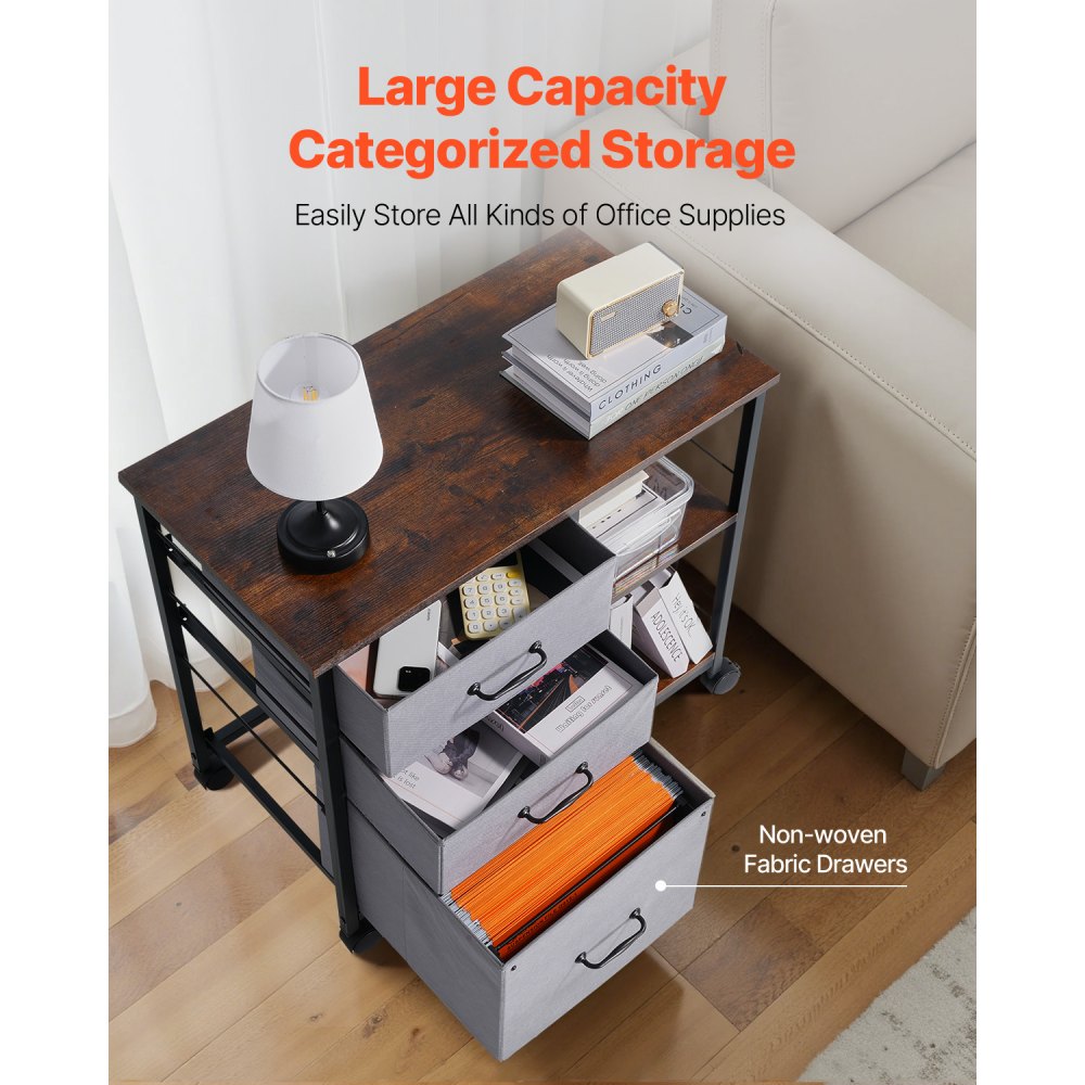 VEVOR Mobiletto Portadocumenti con Ruote, in Metallo Tessuto Legno, a 3 Cassetti e 2 Ripiani Aperti, Mobiletto Verticale, Armadio per Casa e Ufficio, Adatto per Documenti di Formato A4, Marrone