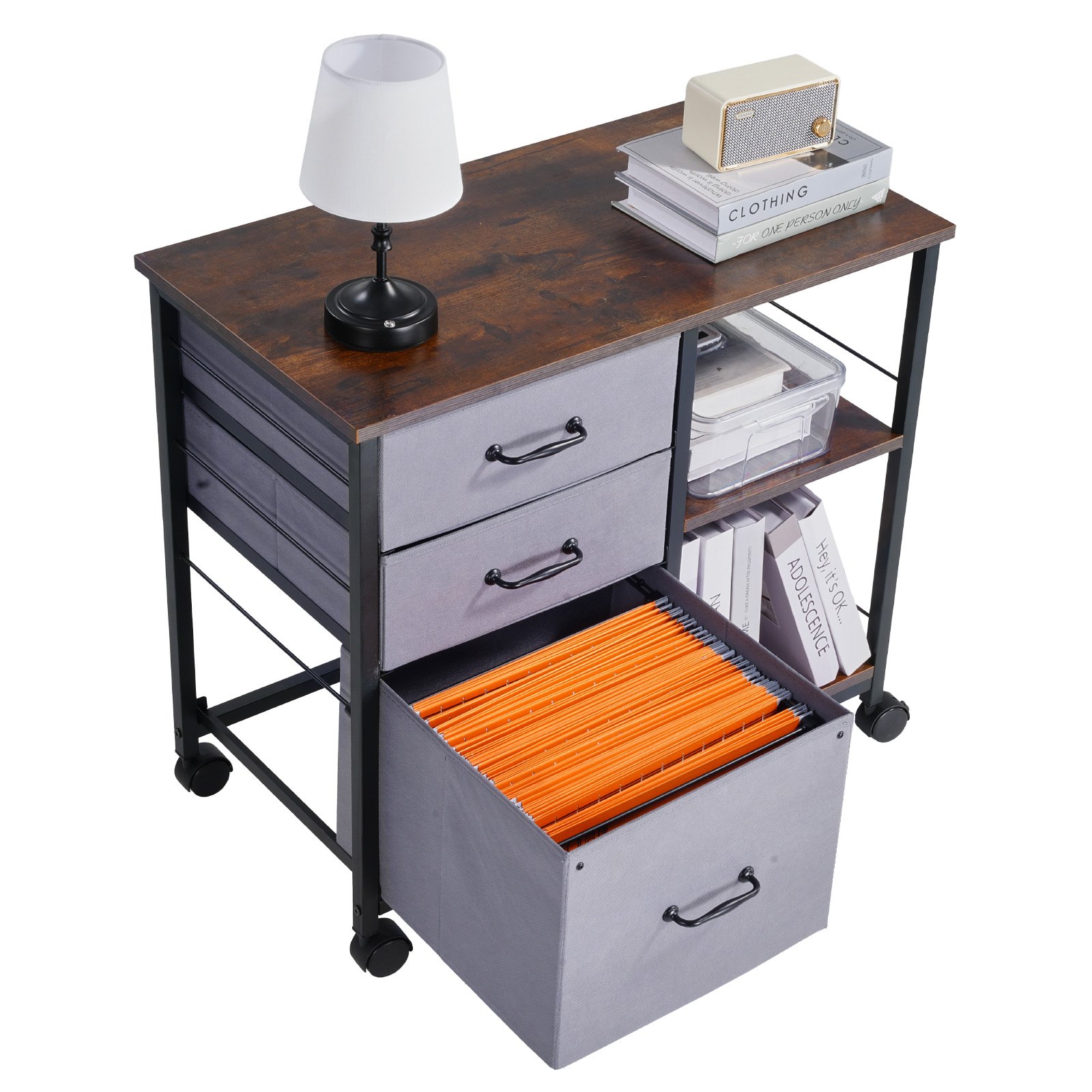 VEVOR Metal File Cabinet, Mobile Filing Cabinet with 3 Fabric Drawers and 2 Open Shelves, Wooden Vertical Filing Storage Cabinets with Wheels for Letter, A4, Legal Size File, Easy Assembly, Brown