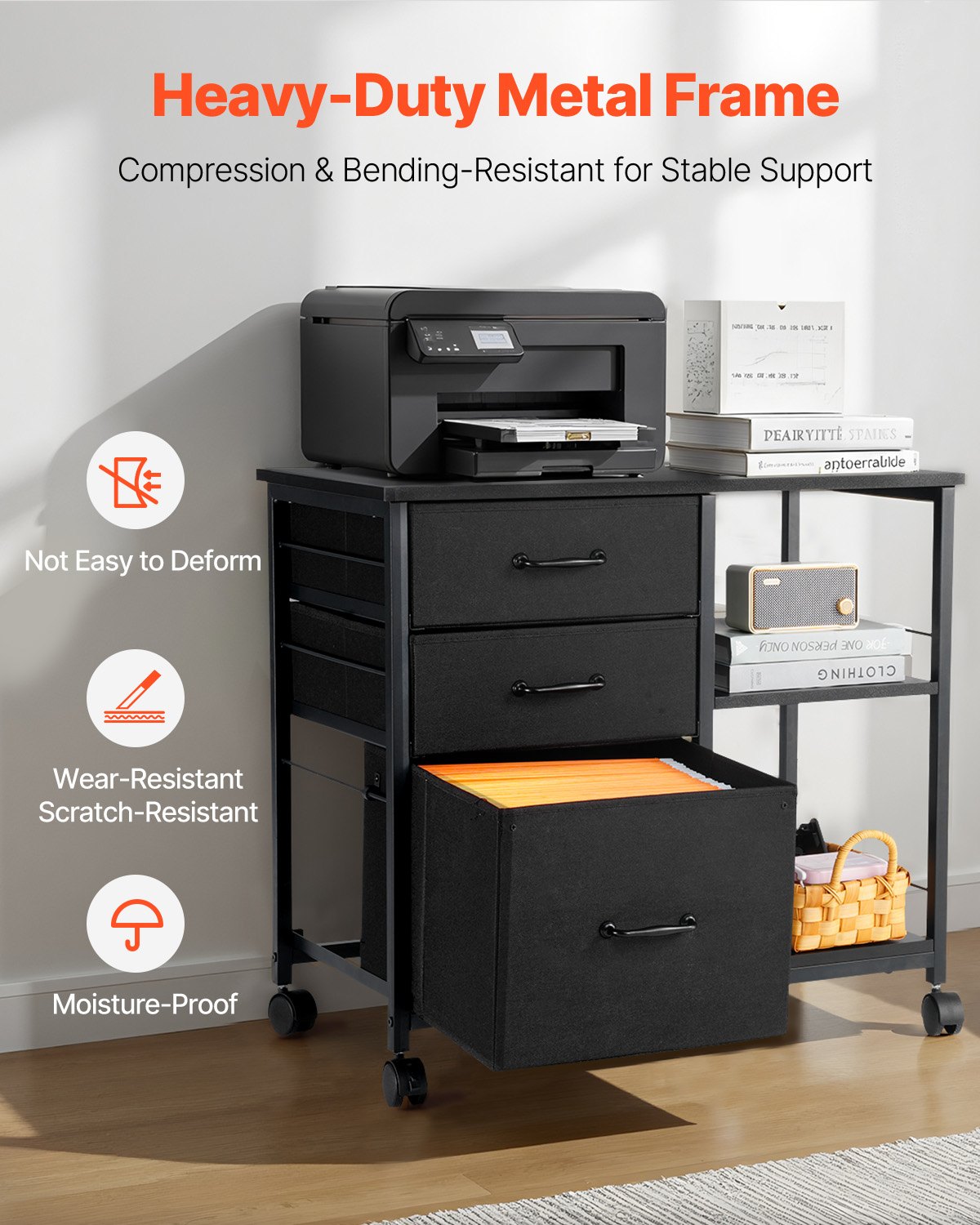 VEVOR Mobiletto Portadocumenti con Ruote, in Metallo Tessuto Legno, a 3 Cassetti e 2 Ripiani Aperti, Mobiletto Verticale, Armadio Largo per Casa e Ufficio, Adatto per Documenti di Formato A4, Nero