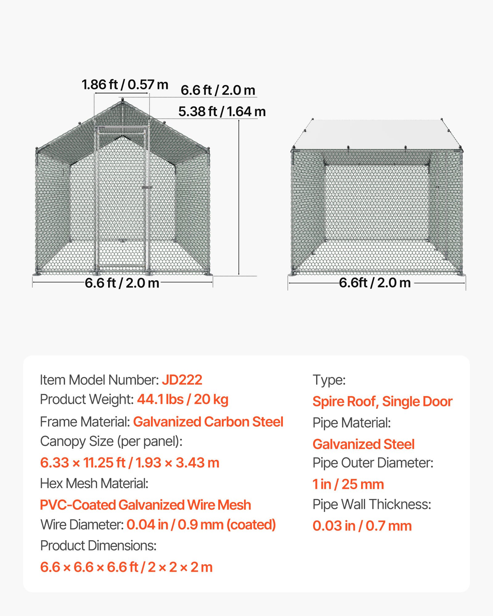 VEVOR Pollaio in Metallo 2 x 2 x 2 m Recinto Pollaio con Copertura con Tetto a Guglia Serratura di Sicurezza, Gabbia per Conigli Anatre all'Aperto Pollame per Cortile, Fattoria, Cortile