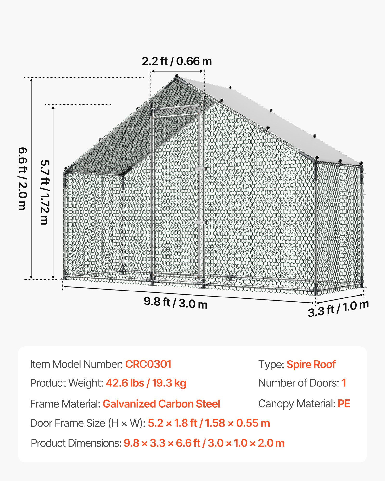 VEVOR Pollaio in Metallo di Grandi Dimensioni 3 x 1 x 2 m, Recinto per Polli con Copertura Impermeabile e Struttura Robusta, Gabbia per Pollame con Tetto a Guglia, Recinto per Anatre, Conigli