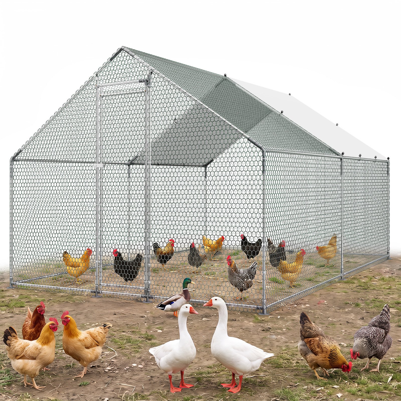 VEVOR Grande Pollaio in Metallo 3 x 4 x 2 m per Polli da Esterno, Recinto Volatili con Copertura Impermeabile, con Serratura, Recinto per Pollame Anatre e Conigli Animali Cortile Fattoria Giardino