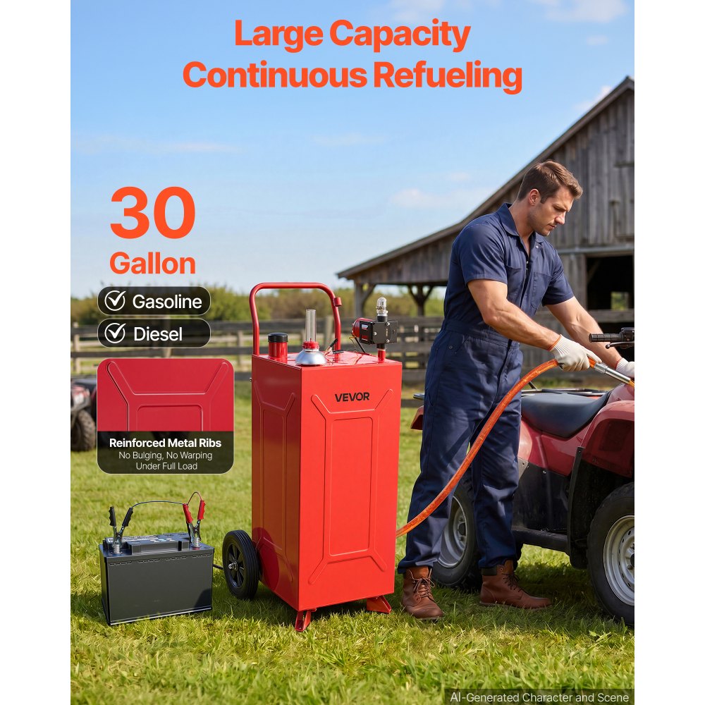 VEVOR Serbatoio Carburante Carrellato da 113,6L Acciaio al Carbonio Rosso, Carrello per Carburante Portatile con Pompa Elettrica e 2 Ruote, per Benzina e Diesel, per Auto, Tosaerba, ATV, Barche e Moto