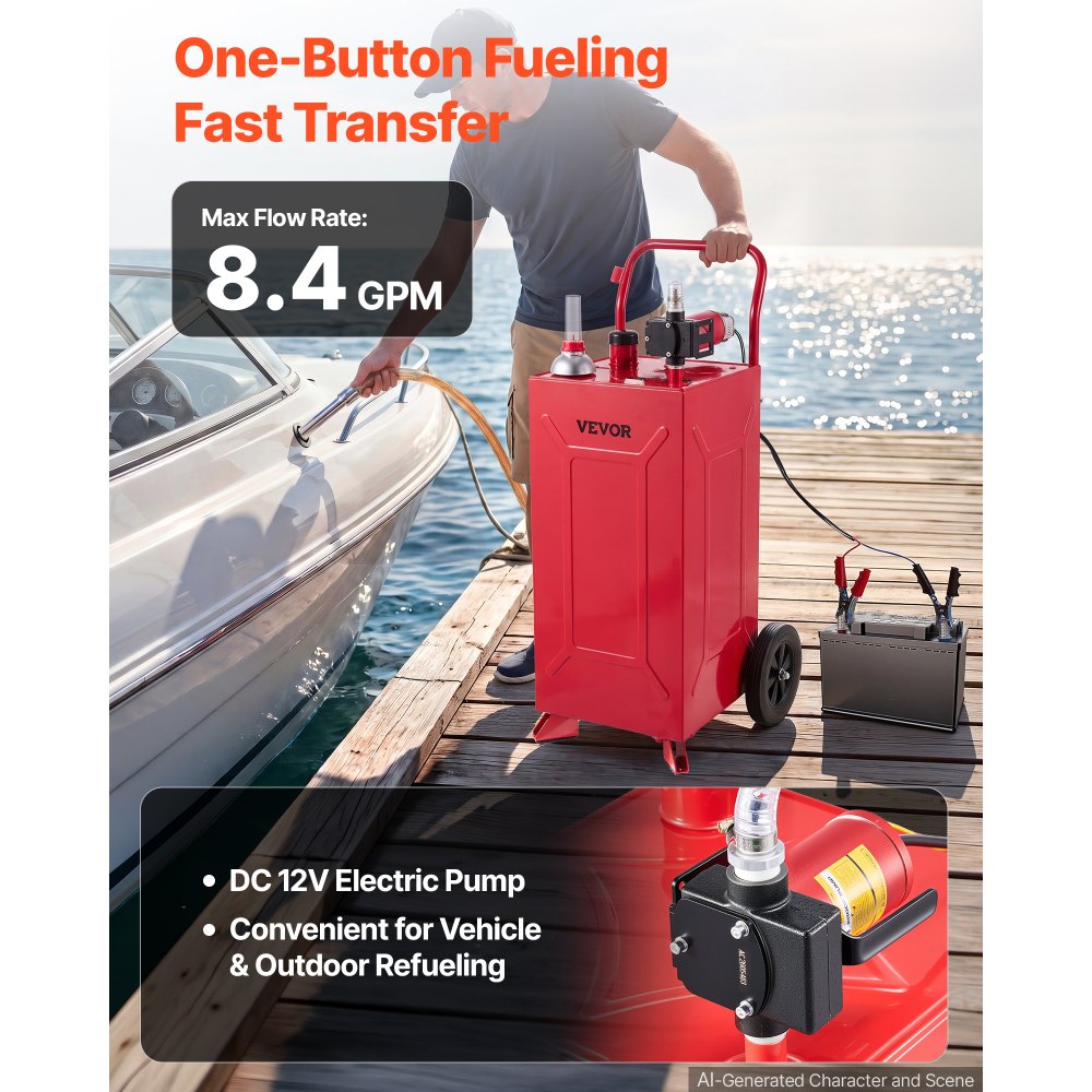 VEVOR Serbatoio Carburante Carrellato da 113,6L Acciaio al Carbonio Rosso, Carrello per Carburante Portatile con Pompa Elettrica e 2 Ruote, per Benzina e Diesel, per Auto, Tosaerba, ATV, Barche e Moto