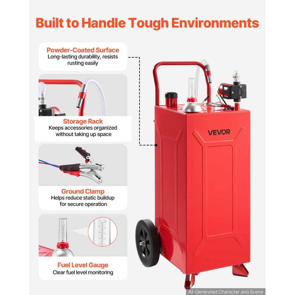 VEVOR Serbatoio Carburante Carrellato da 113,6L Acciaio al Carbonio Rosso, Carrello per Carburante Portatile con Pompa Elettrica e 2 Ruote, per Benzina e Diesel, per Auto, Tosaerba, ATV, Barche e Moto