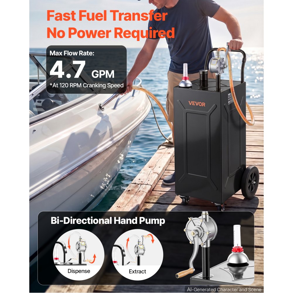 VEVOR Serbatoio Mobile per Carburante 132,5 L, in Acciaio al Carbonio, Nero, Carrello per Carburante con Pompa Manuale e 4 Ruote, per Benzina e Diesel, adatto per Auto, Tosaerba, ATV, Barche e Moto