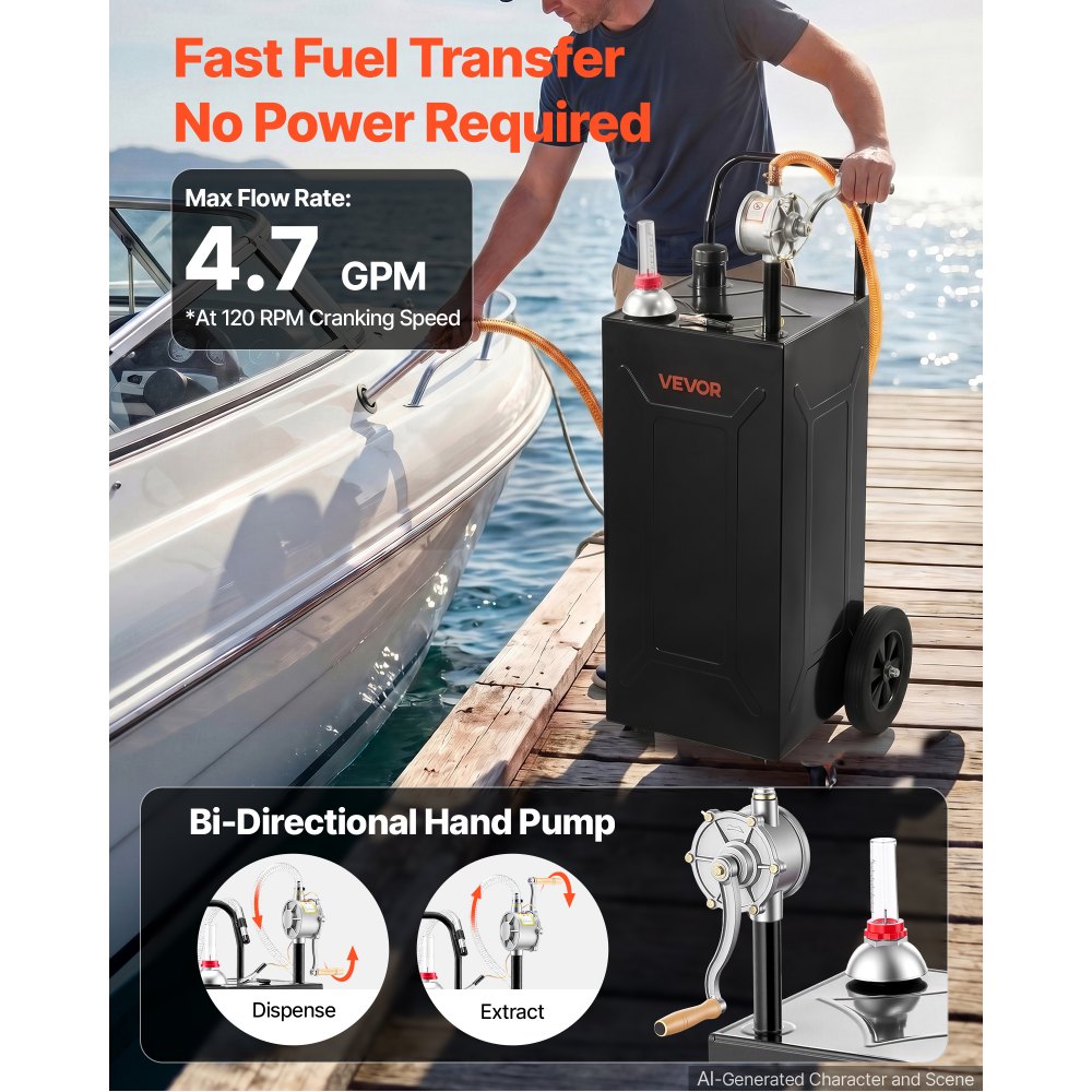 VEVOR Serbatoio Mobile per Carburante 113,6 L, in Acciaio al Carbonio Nero, Serbatoio Carburante Carrellato con Pompa Manuale e 2 Ruote, per Benzina e Diesel, per Auto, Tosaerba, ATV, Barche e Moto