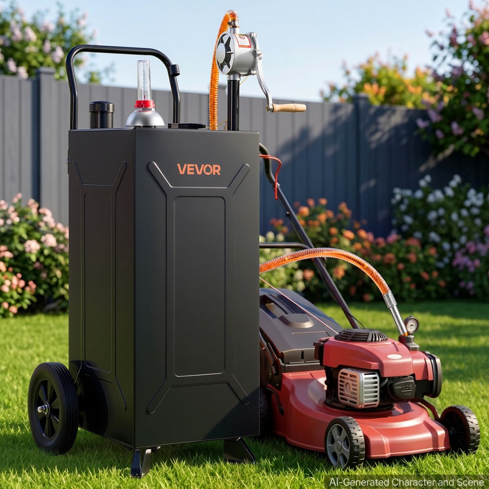 VEVOR Serbatoio Mobile per Carburante 113,6 L, in Acciaio al Carbonio Nero, Serbatoio Carburante Carrellato con Pompa Manuale e 2 Ruote, per Benzina e Diesel, per Auto, Tosaerba, ATV, Barche e Moto