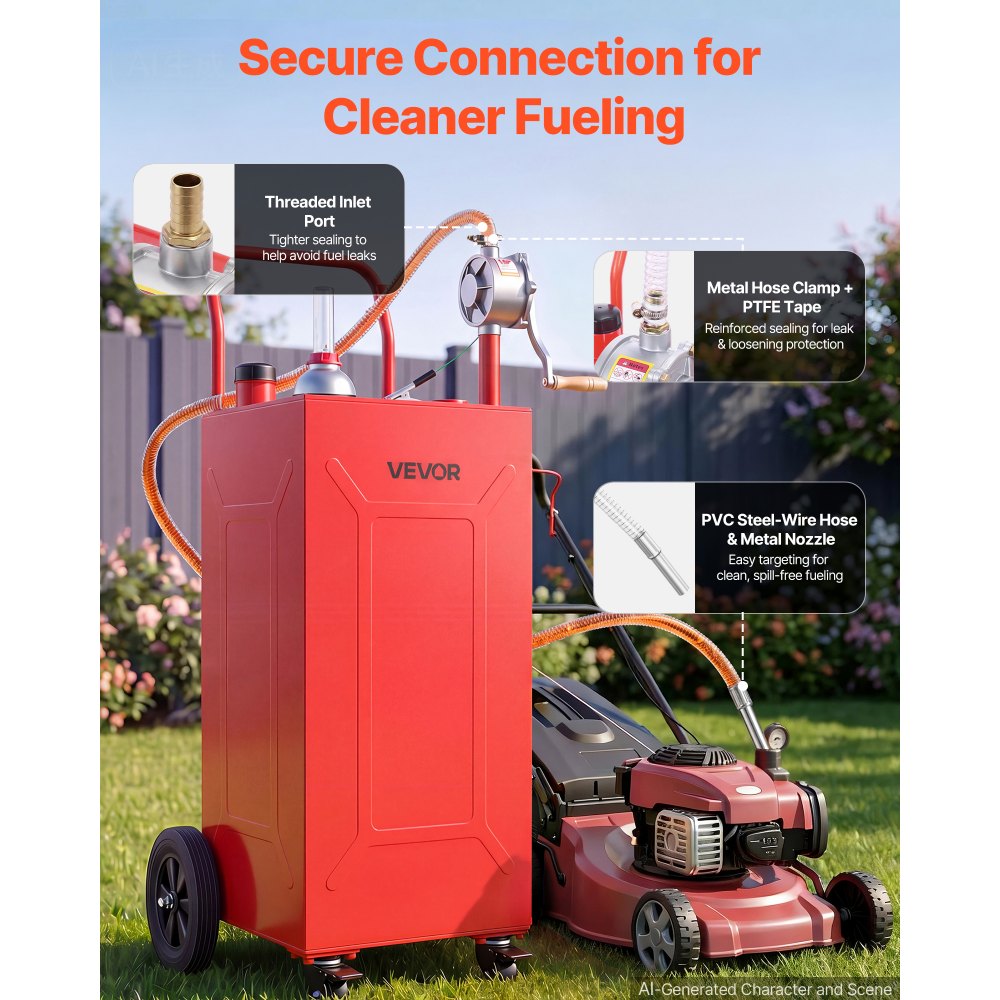 VEVOR Serbatoio Carburante Carrellato da 113,6 L in Acciaio al Carbonio, Carrello per Rifornimento Carburante, Pompa Manuale e 4 Ruote, per Benzina e Diesel, Auto, Tosaerba, ATV, Barche e Moto, Rosso