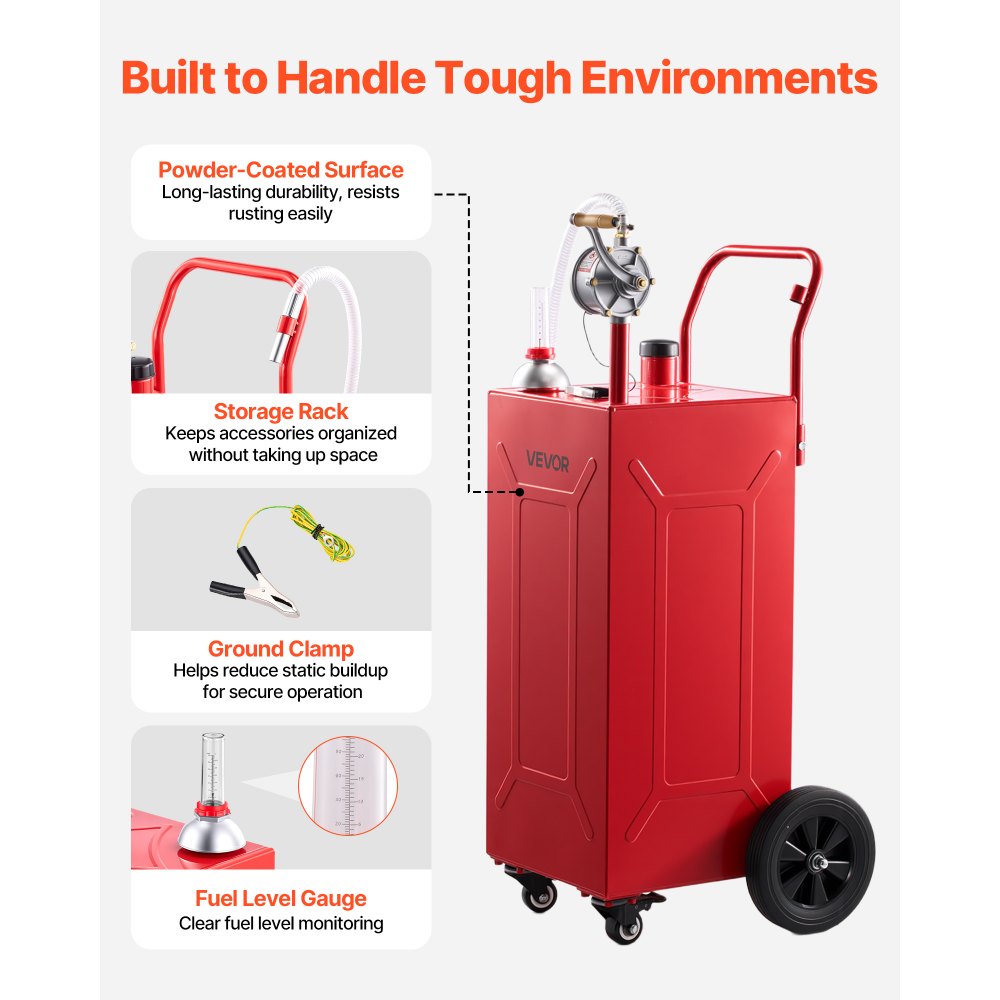 VEVOR Serbatoio Carburante Carrellato da 113,6 L in Acciaio al Carbonio, Carrello per Rifornimento Carburante, Pompa Manuale e 4 Ruote, per Benzina e Diesel, Auto, Tosaerba, ATV, Barche e Moto, Rosso