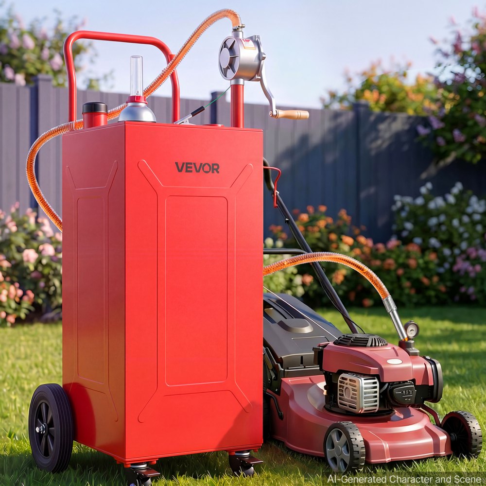 VEVOR Serbatoio Carburante Carrellato da 113,6 L in Acciaio al Carbonio, Carrello per Rifornimento Carburante, Pompa Manuale e 4 Ruote, per Benzina e Diesel, Auto, Tosaerba, ATV, Barche e Moto, Rosso