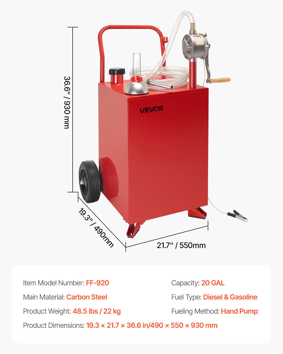 VEVOR 75 L Fuel Trolley, Petrol & Diesel Tank with Manual Transfer Pump, Fuel Canister with 2 Wheels & 3 m Hose, Gas Tank for Cars, Lawn Mowers, Off-Road Vehicles, Boats, Red