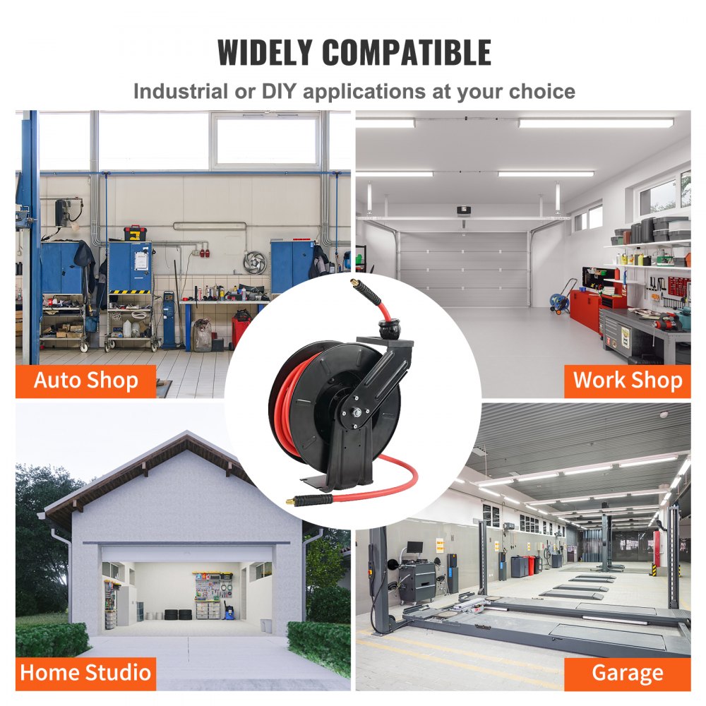 VEVOR Bobina Avvolgitubo 7,6m per Aria Compressa Tubo Flessibile Ibrido 300PSI Montaggio a Parete, Avvolgitore di Tubo per Aria Compressa Diametro 9,5mm Temperatura tra -40℃ - 65℃ da Officina Garage