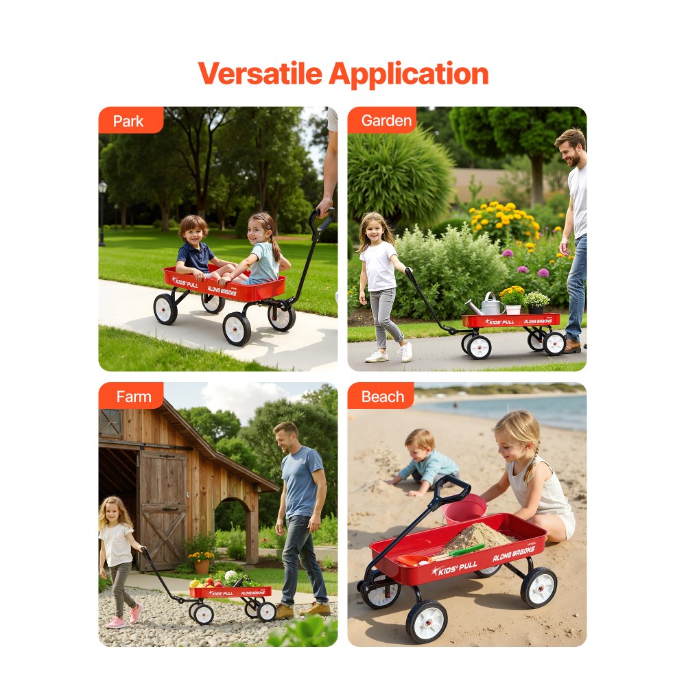 VEVOR Carretto da Traino per Bambini da 101 cm Carico di 80 kg, Carretto per Tutti i Terreni con Maniglia, Carrello Multiuso, Regalo di Compleanno per Bambini, Giardinaggio, Spiaggia, Rosso