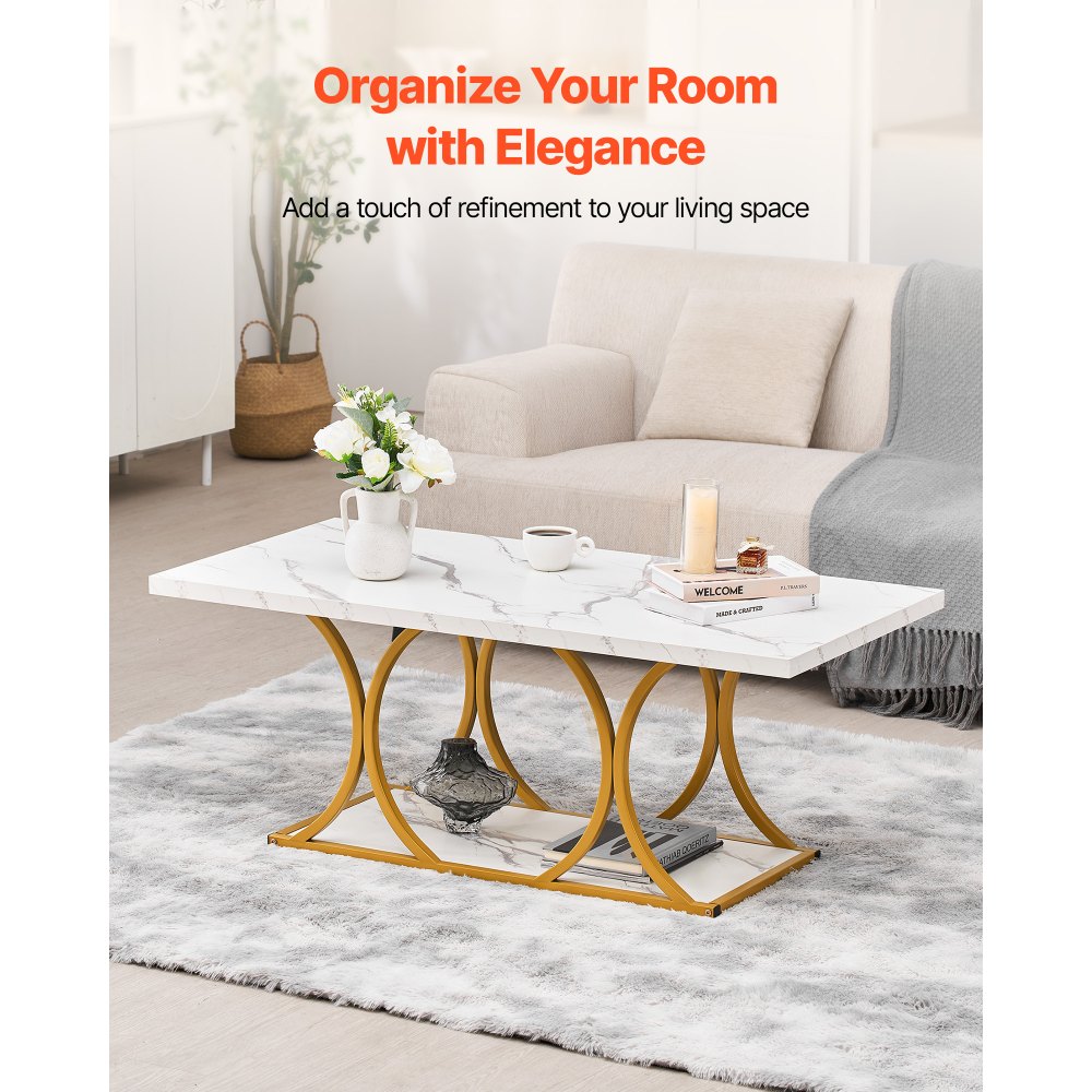 VEVOR Tavolino da Caffè in Effetto Marmo 120 x 59,5 x 48 cm, Tavolino Rettangolare a 2 Livelli con Struttura in Metallo e Gambe Geometriche e Carico di 95 kg, Tavolo da Soggiorno Minimalista Bianco