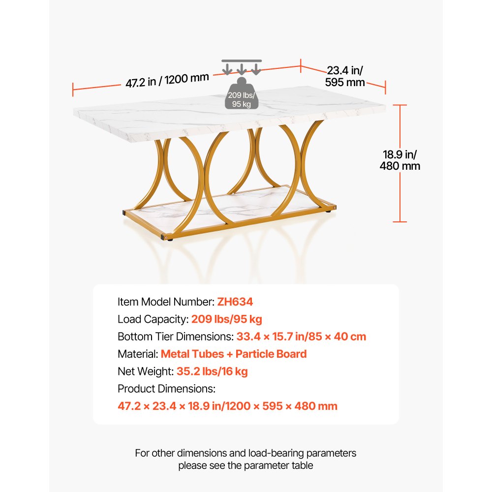 VEVOR Tavolino da Caffè in Effetto Marmo 120 x 59,5 x 48 cm, Tavolino Rettangolare a 2 Livelli con Struttura in Metallo e Gambe Geometriche e Carico di 95 kg, Tavolo da Soggiorno Minimalista Bianco