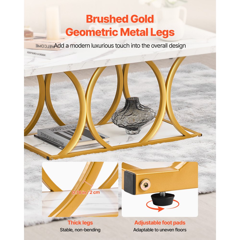 VEVOR Tavolino da Caffè in Effetto Marmo 120 x 59,5 x 48 cm, Tavolino Rettangolare a 2 Livelli con Struttura in Metallo e Gambe Geometriche e Carico di 95 kg, Tavolo da Soggiorno Minimalista Bianco