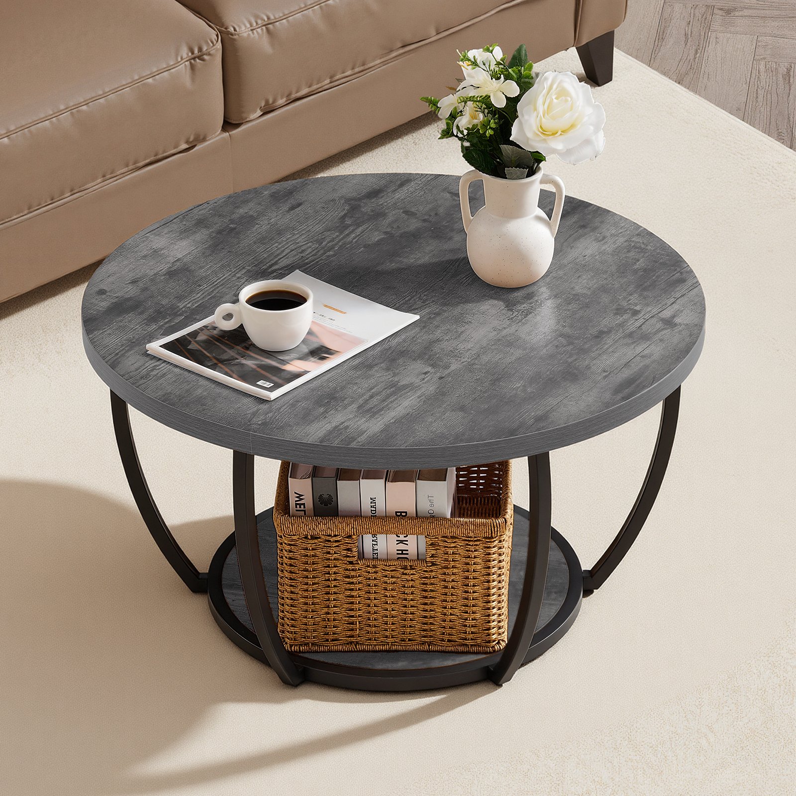 VEVOR Tavolino Laterale Rotondo Tavolino da Divano a Due Livelli con Struttura in Metallo e Spazio Aperto e Carico di 34,9 kg, Tavolo da Soggiorno Minimalista da 80,5 x 80,5 x 44 cm Grigio