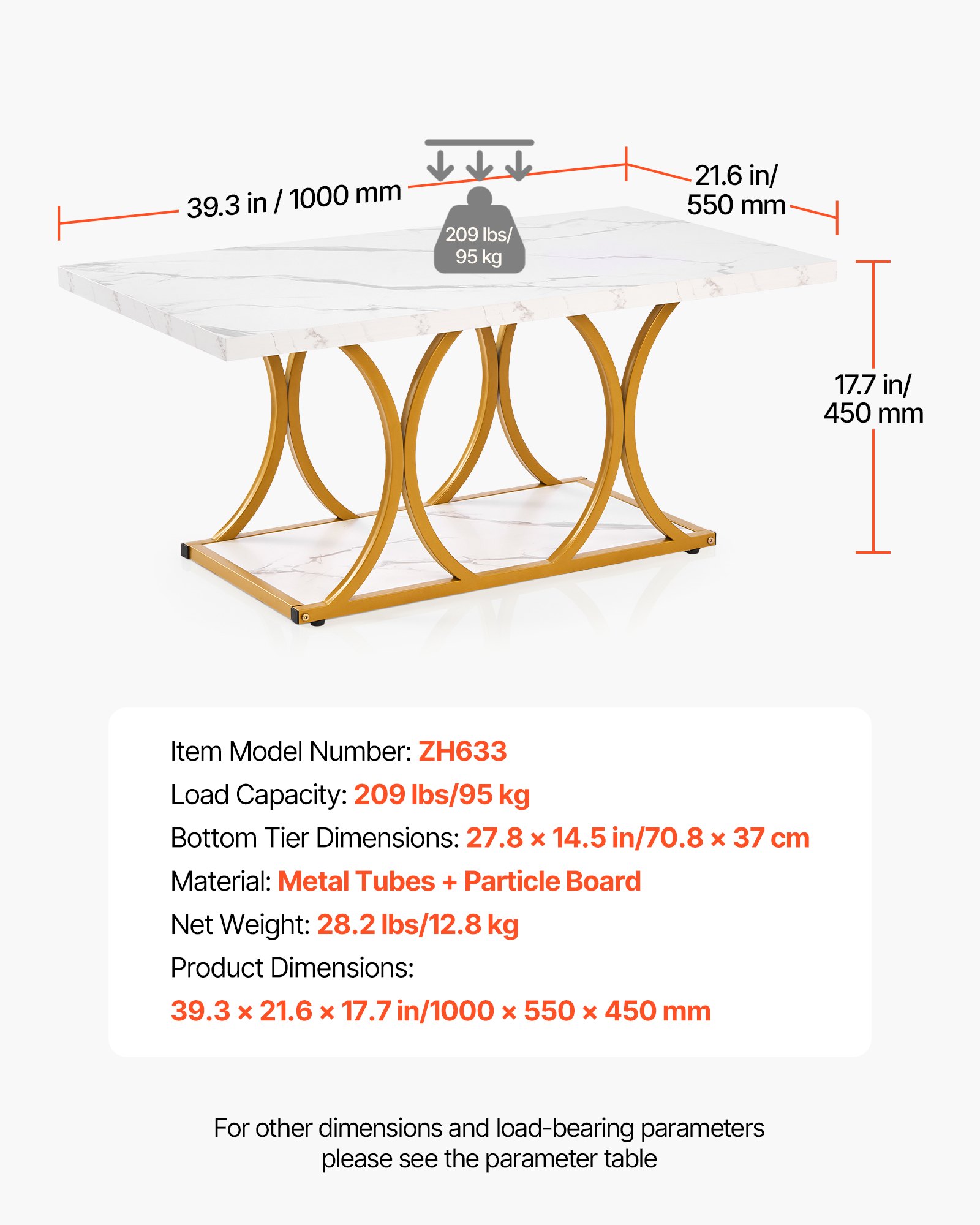 VEVOR Tavolino da Caffè in Effetto Marmo 100 x 55 x 45 cm, Tavolino Rettangolare a 2 Livelli con Struttura in Metallo e Gambe Geometriche e Carico di 95 kg, Tavolo da Soggiorno Minimalista Bianco