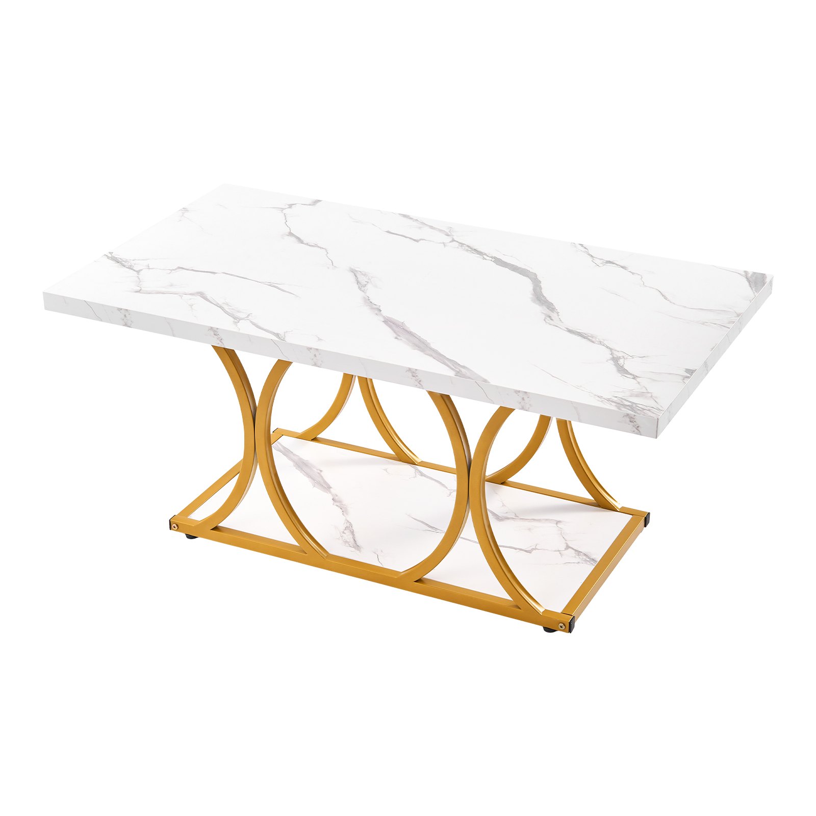 VEVOR Tavolino da Caffè in Effetto Marmo 100 x 55 x 45 cm, Tavolino Rettangolare a 2 Livelli con Struttura in Metallo e Gambe Geometriche e Carico di 95 kg, Tavolo da Soggiorno Minimalista Bianco