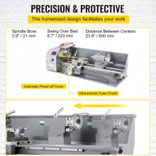 VEVOR Tornio per Metallo, Potenza 750 W 220 V 50 HZ Mini Tornio per Metallo Elettrico Monofase Tornio da Banco di Precisione per Lavorazioni di Tornitura Controfaccia, Foratura, Filettatura e Taglio
