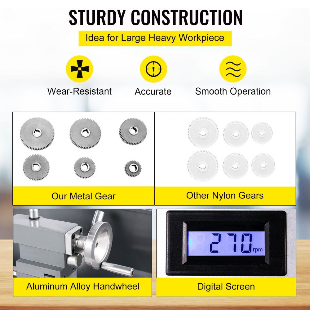 VEVOR Mini Tornio per Metallo, 1100 W 220 V Diametro Mandrino 125 mm Letto Oscillante 220 mm Tornio in Metallo Monofase per Varie Attività di Lavorazione Come Tornitura, Foratura, Filettatura e Taglio