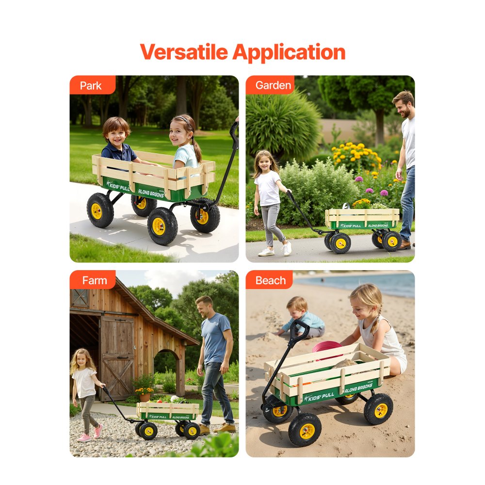 VEVOR Carretto da Traino per Bambini da 101 cm con Pannelli in Legno e Maniglia, Supporta Fino a 150 kg, Carrello Multiuso per Tutti i Terreni, Regalo di Compleanno per Bambini, Giardinaggio, Verde
