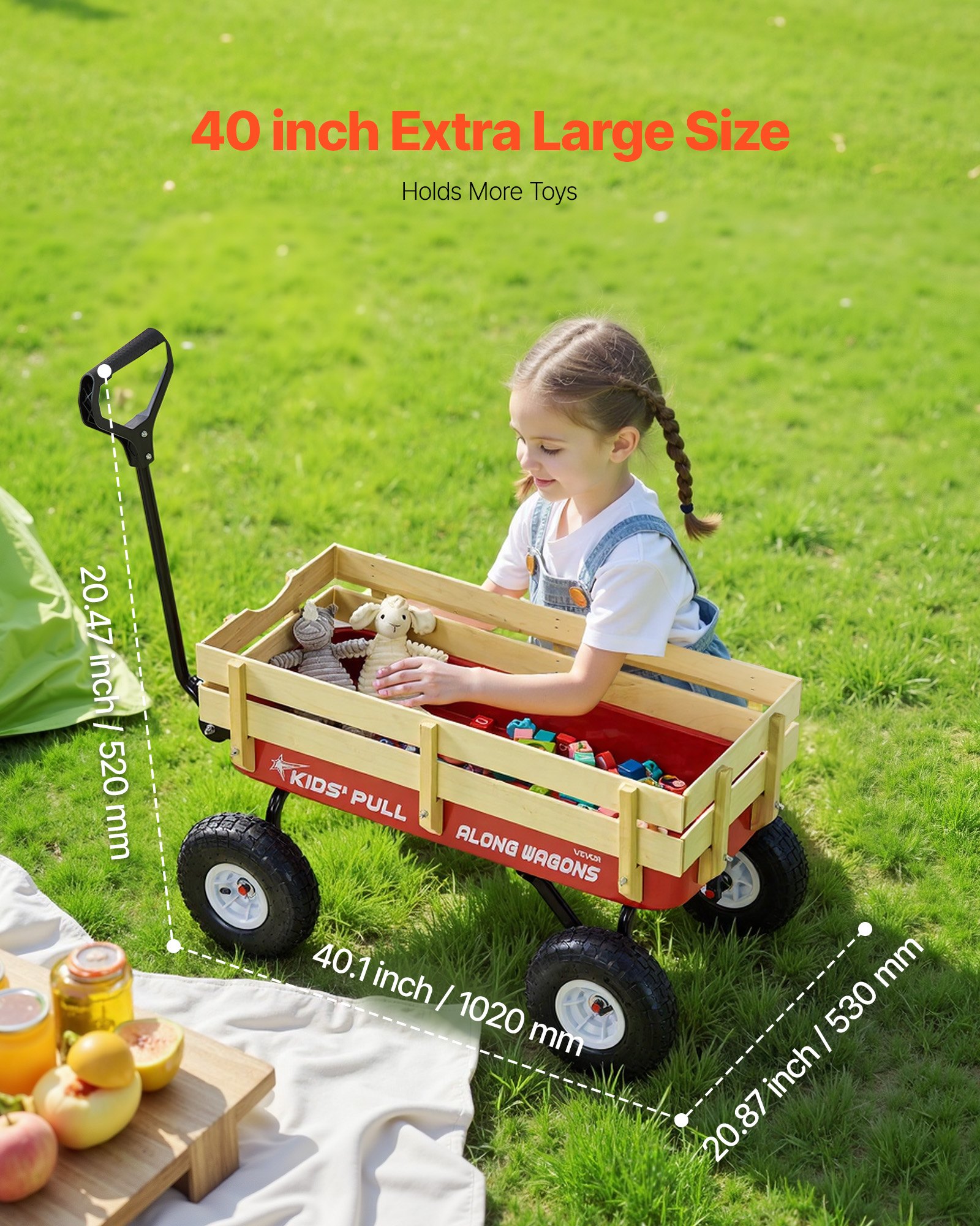 VEVOR Carretto da Traino per Bambini da 101 cm con Pannello e Maniglia in Legno Pieghevoli, Supporta Fino a 150 kg, Pneumatici Fuoristrada da 25,4 cm, Regalo di Compleanno per Bambini, Giardinaggio