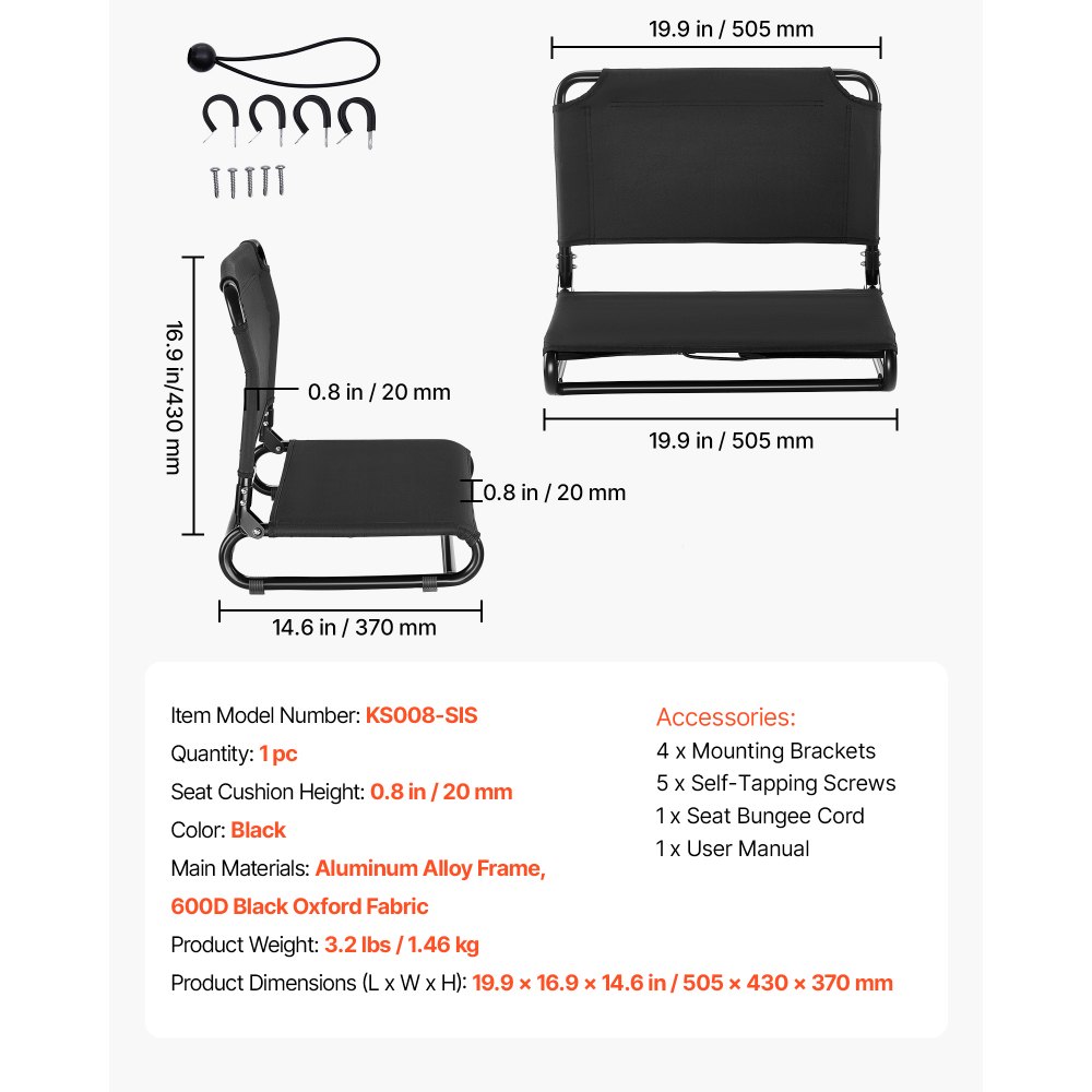 VEVOR Sedile per Kayak 1 pezzo Sedile con Schienale per Kayak Gonfiabile Dimensioni 505 x 430 x 370 mm Sedia con Schienale per Canoa Barca da Pesca Telaio in Lega di Alluminio Telaio Pieghevole, Nero