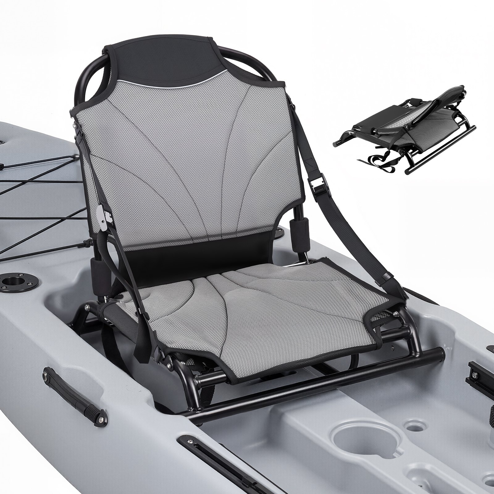 VEVOR Sedile per Kayak 1 pezzo Sedile con Schienale per Kayak Spessore Cuscino da 34 mm con Cinghie Regolabili Sedia con Schienale per Canoa Barca Telaio in Lega di Alluminio, Nero Grigio