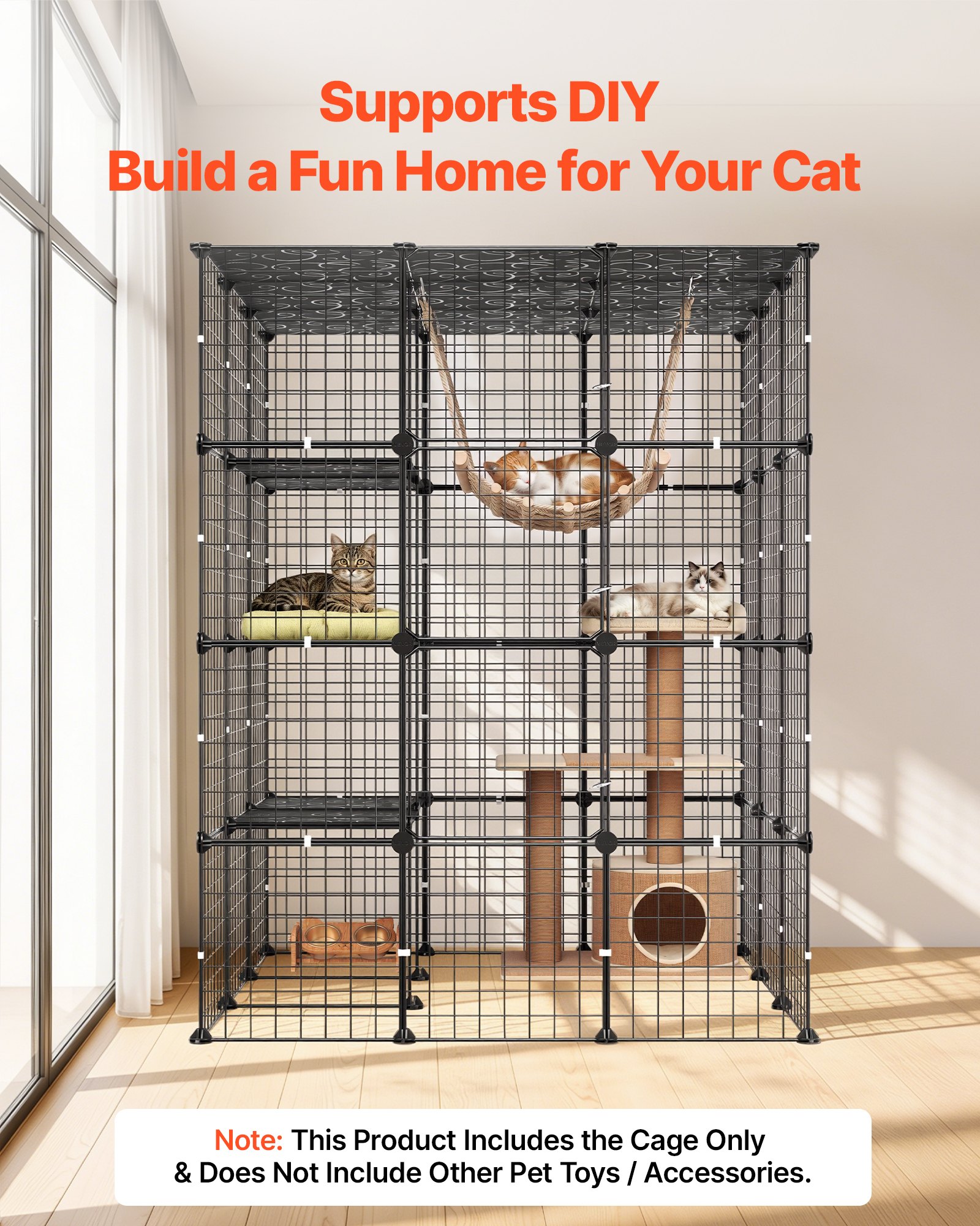 VEVOR Gabbia per Gatti a 4 Livelli 104,1 x 104,1 x 139,7 cm Fai Da Te, Recinto per Gattini Uso Interno, in Filo Metallico Rimovibile con 4 Porte, Colore Nero, per Gioco 2-3 Animali Piccola Taglia
