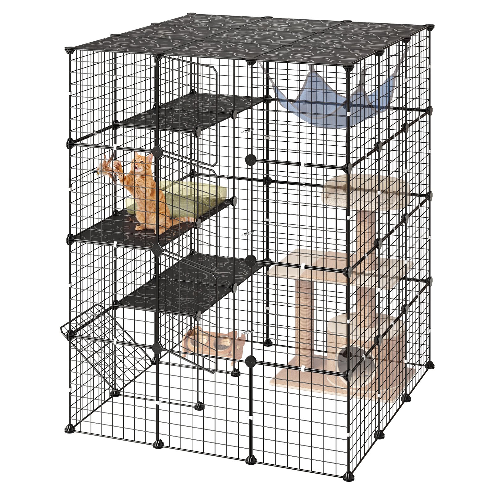VEVOR Gabbia per Gatti a 4 Livelli 104,1 x 104,1 x 139,7 cm Fai Da Te, Recinto per Gattini Uso Interno, in Filo Metallico Rimovibile con 4 Porte, Colore Nero, per Gioco 2-3 Animali Piccola Taglia