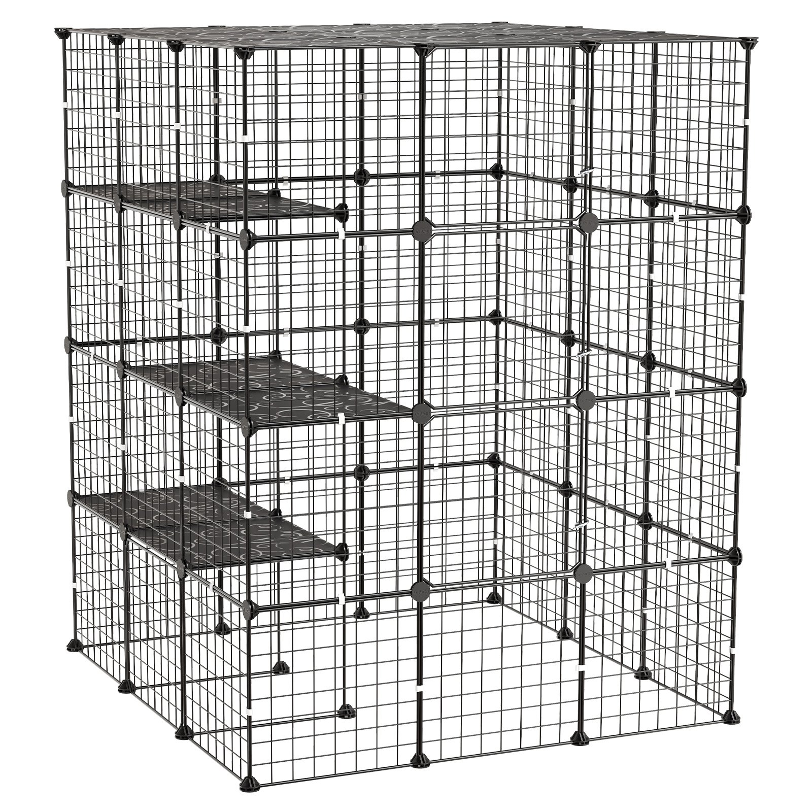 VEVOR Gabbia per Gatti a 4 Livelli 104,1 x 104,1 x 139,7 cm Fai Da Te, Recinto per Gattini Uso Interno, in Filo Metallico Rimovibile con 4 Porte, Colore Nero, per Gioco 2-3 Animali Piccola Taglia