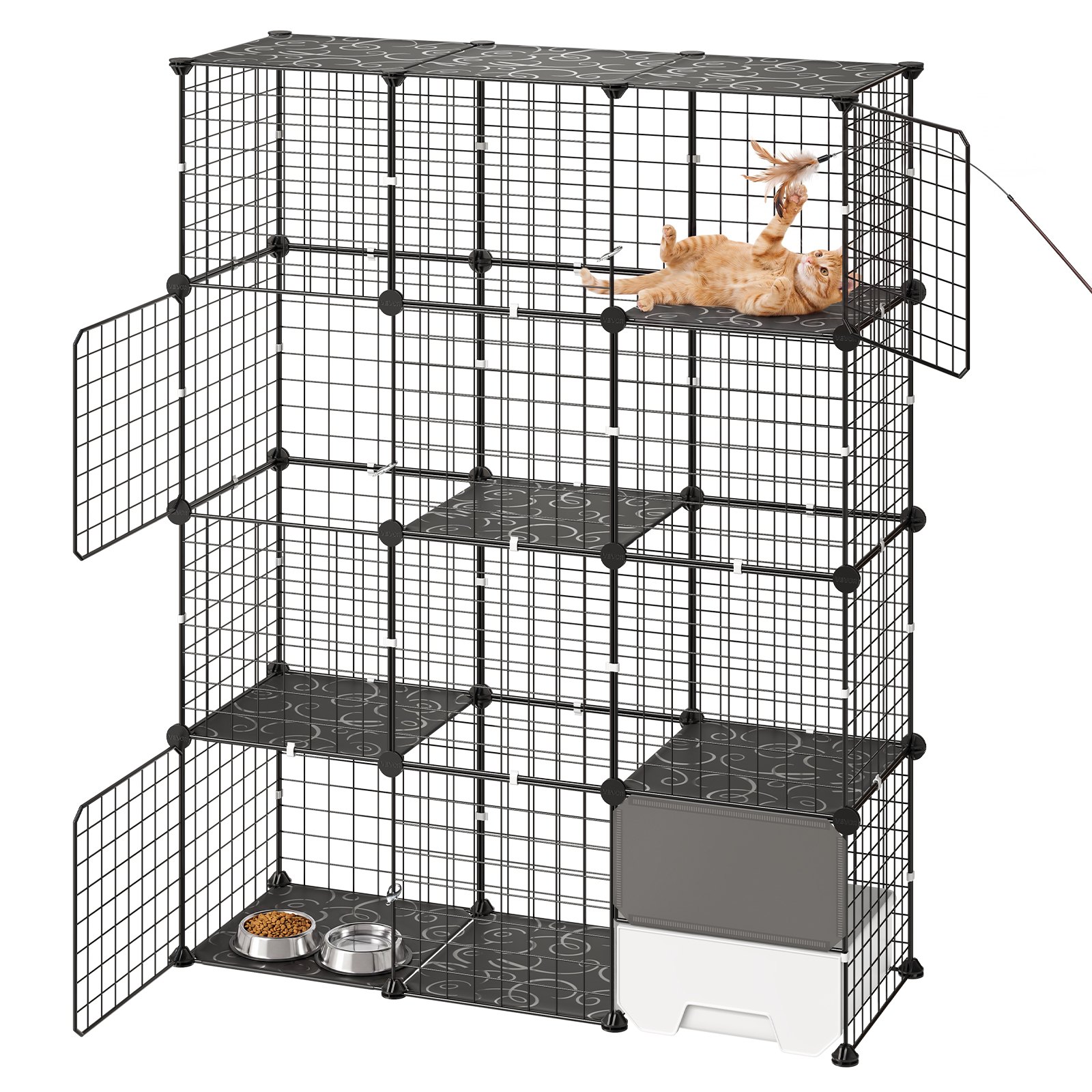 VEVOR Gabbia per Gatti a 4 Livelli 104,1 x 35,5 x 139,7 cm da Interno, Box Fai Da Te con Lettiera, Struttura in Filo Metallico Rimovibile, Colore Nero, per 1-2 Gatti Furetti e Animali Piccola Taglia