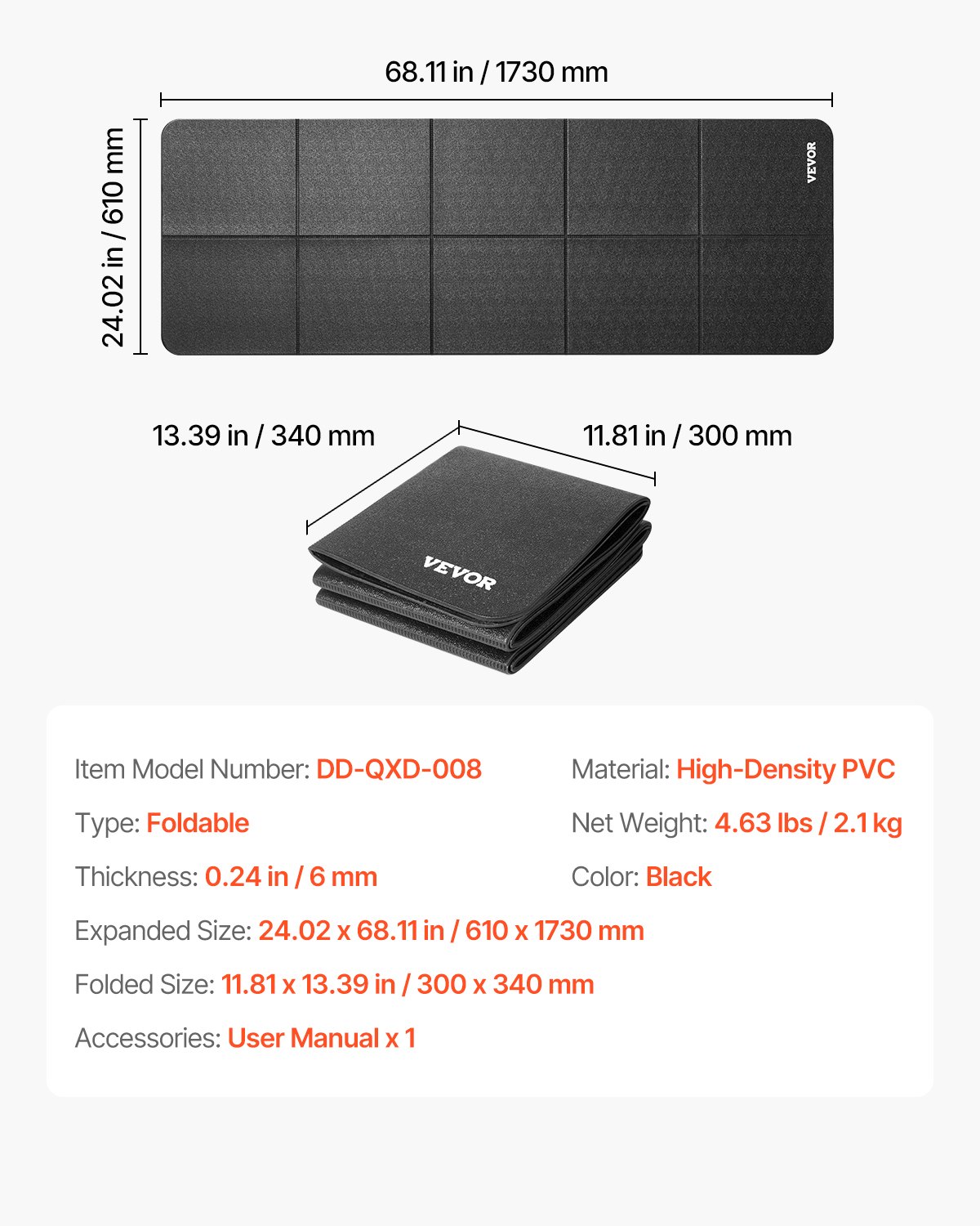 VEVOR Treadmill Mat for Carpeted Floors, Floor Protection Mat (61 x 173 cm) for Exercise Equipment, 6 mm Thick, Training Mat for Elliptical Trainers on Carpet and Hardwood Floors, High-Density PVC Floor Protection