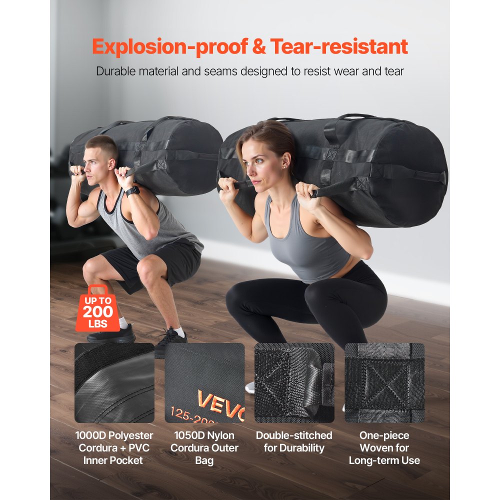 VEVOR Workout Sandbag, Heavy Duty Workout Power Bags with Handles, 56-90 kg Adjustable Slam Bag for Fitness Strength Weight Training Cross-Training, Home Gym Exercise, Black (Unfilled)