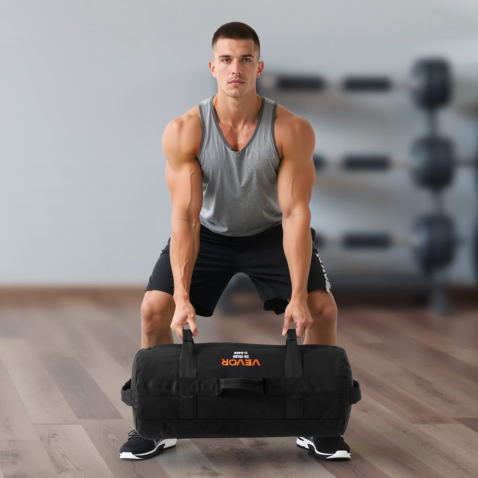 VEVOR Sacco di Sabbia ad Alta Resistenza, Capacità di Peso 11 a 34 kg Sacco di Potenza per Allenamento con Manici, per Allenamento di Forza, Pesi, Esercizi in Palestra a Casa, Nero, Vuoto