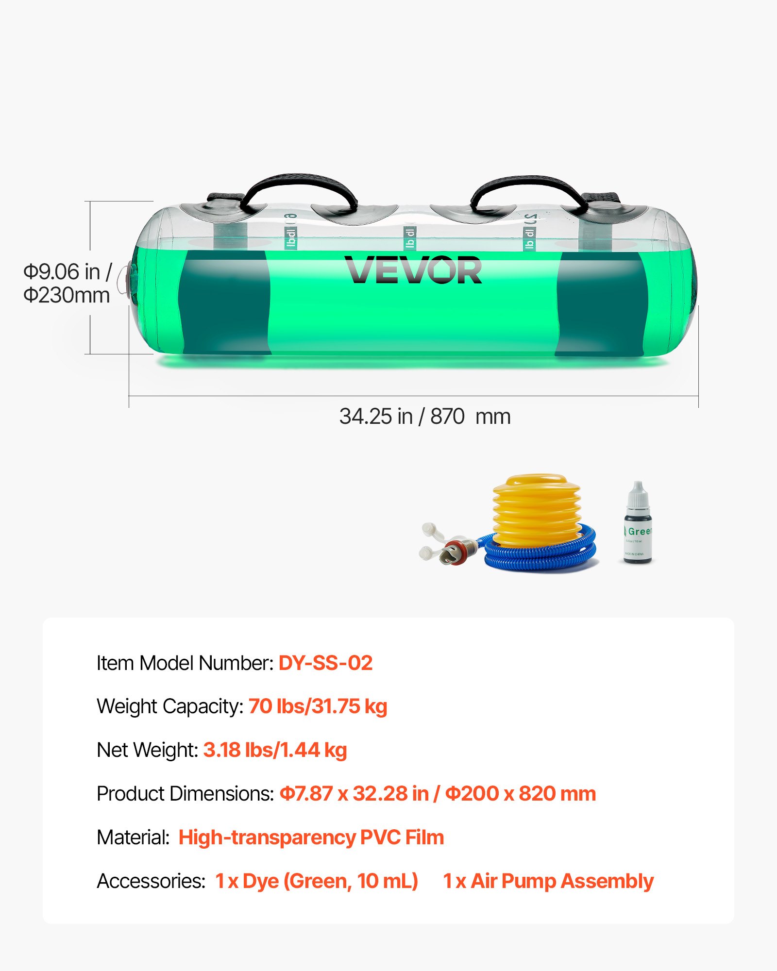 VEVOR Borsa per l'Acqua, Capacità di Peso 31,75 kg Grandi Sacche Acquatiche per Allenamento, per Stabilità Fitness e Allenamento Completo del Corpo, Esercizi in Palestra a Casa, Trasparenti