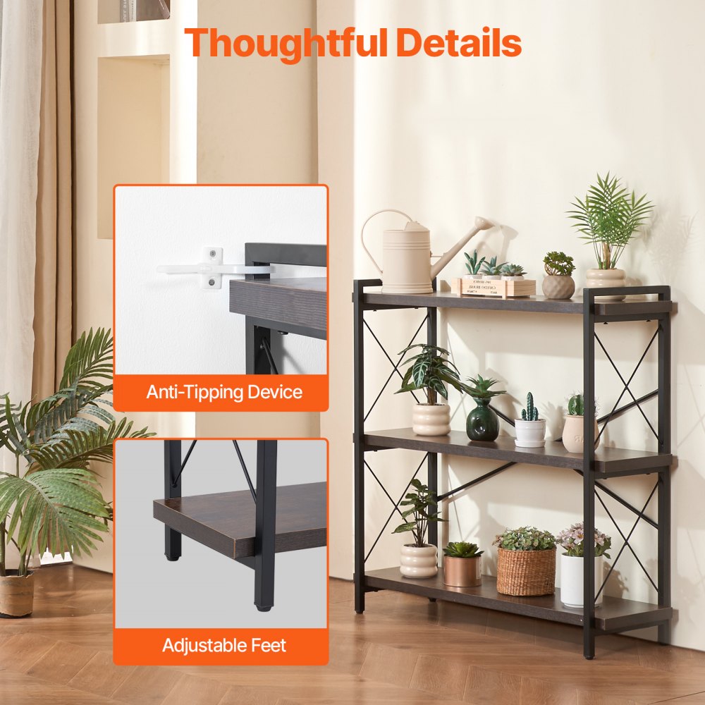 VEVOR Metal Bookshelf, 3-Tier Rectangular Industrial Bookshelf, Small Rustic Storage Shelf with Open Shelves, Freestanding Display Shelf, Storage Shelf, Bedroom