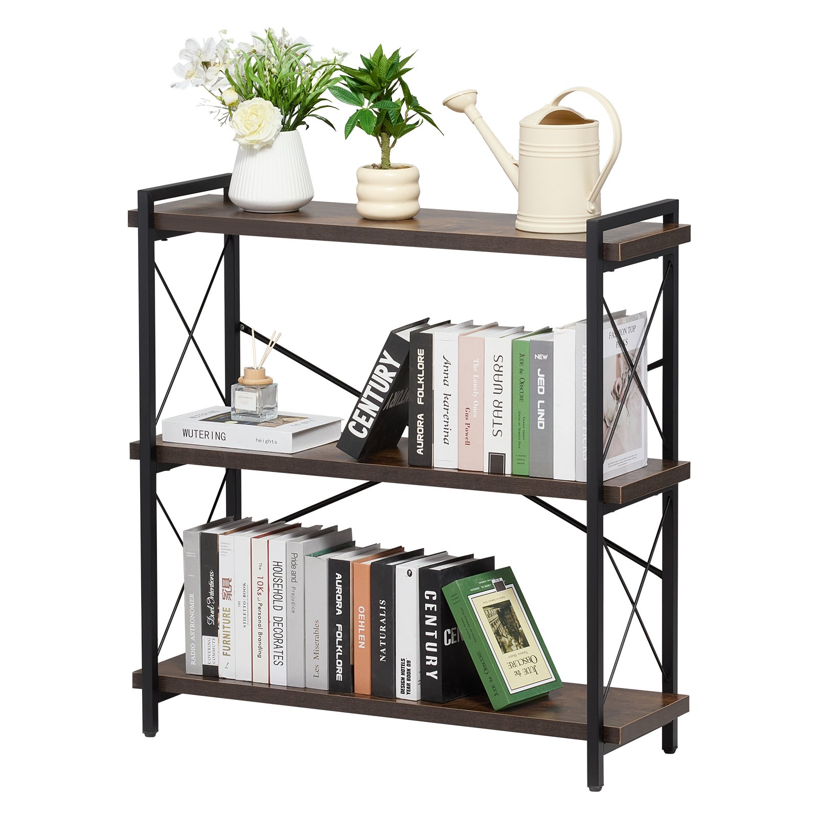 VEVOR Metal Bookshelf, 3-Tier Rectangular Industrial Bookshelf, Small Rustic Storage Shelf with Open Shelves, Freestanding Display Shelf, Storage Shelf, Bedroom