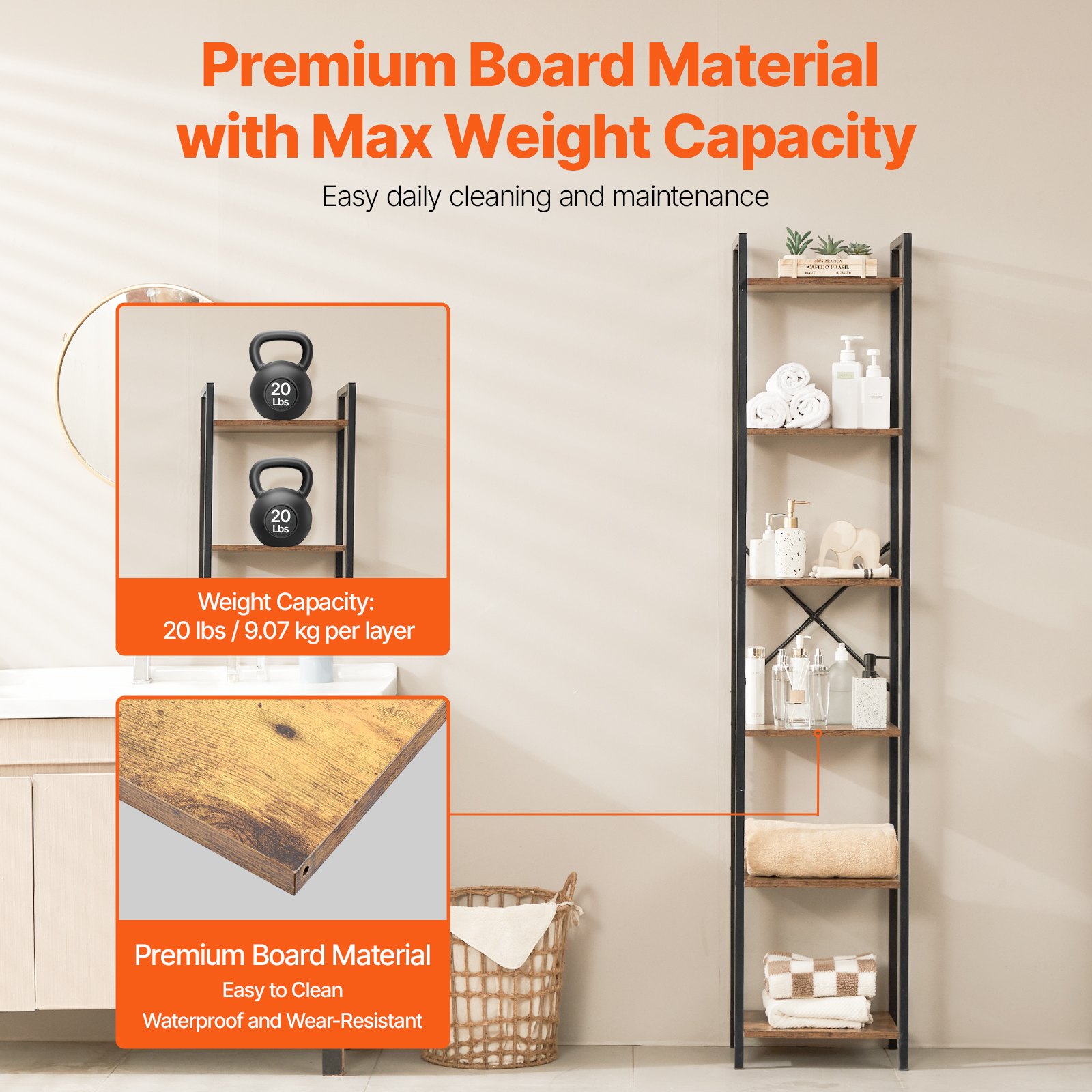 VEVOR Libreria in Metallo, Libreria Industriale a 6 Ripiani, Libreria Alta e Stretta Rustica Vintage con Ripiani Aperti, Scaffale Espositivo Indipendente, per Soggiorno, Camera da Letto e Ufficio