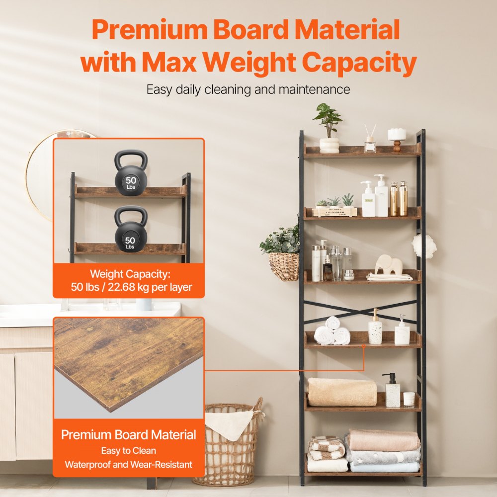 VEVOR Metal Bookshelf, 6-Tier Rectangular Industrial Bookshelf, Rustic Storage Shelf with Open Shelves, Freestanding Display Shelf, Storage Shelf, for Bedroom