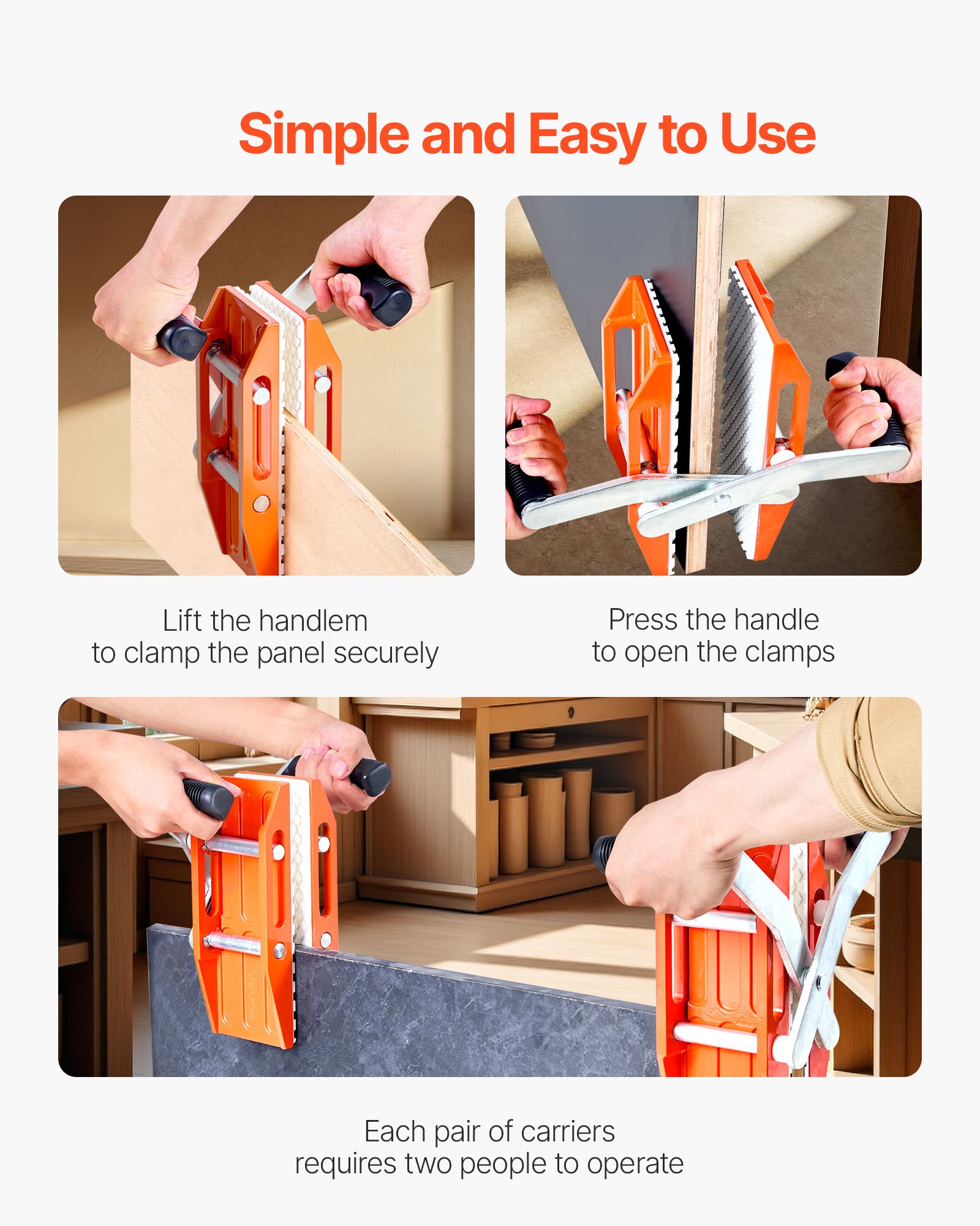 VEVOR Double Handed Stone Carrying Clamps, 299 kg Load Capacity, 2 Pack Granite Panel Carriers Lifting Tools with Rubber-lined (0-60 mm), Heavy Duty lifting Clamps for Plywood, Glass, Granite