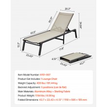 VEVOR Lettino Prendisole Pieghevole Capacità di Carico 181,44 kg, Sedia da Giardino Pieghevole Reclinabile, in Alluminio, con 5 Posizioni Regolabili, per Esterni, Piscina, Spiaggia, Terrazza