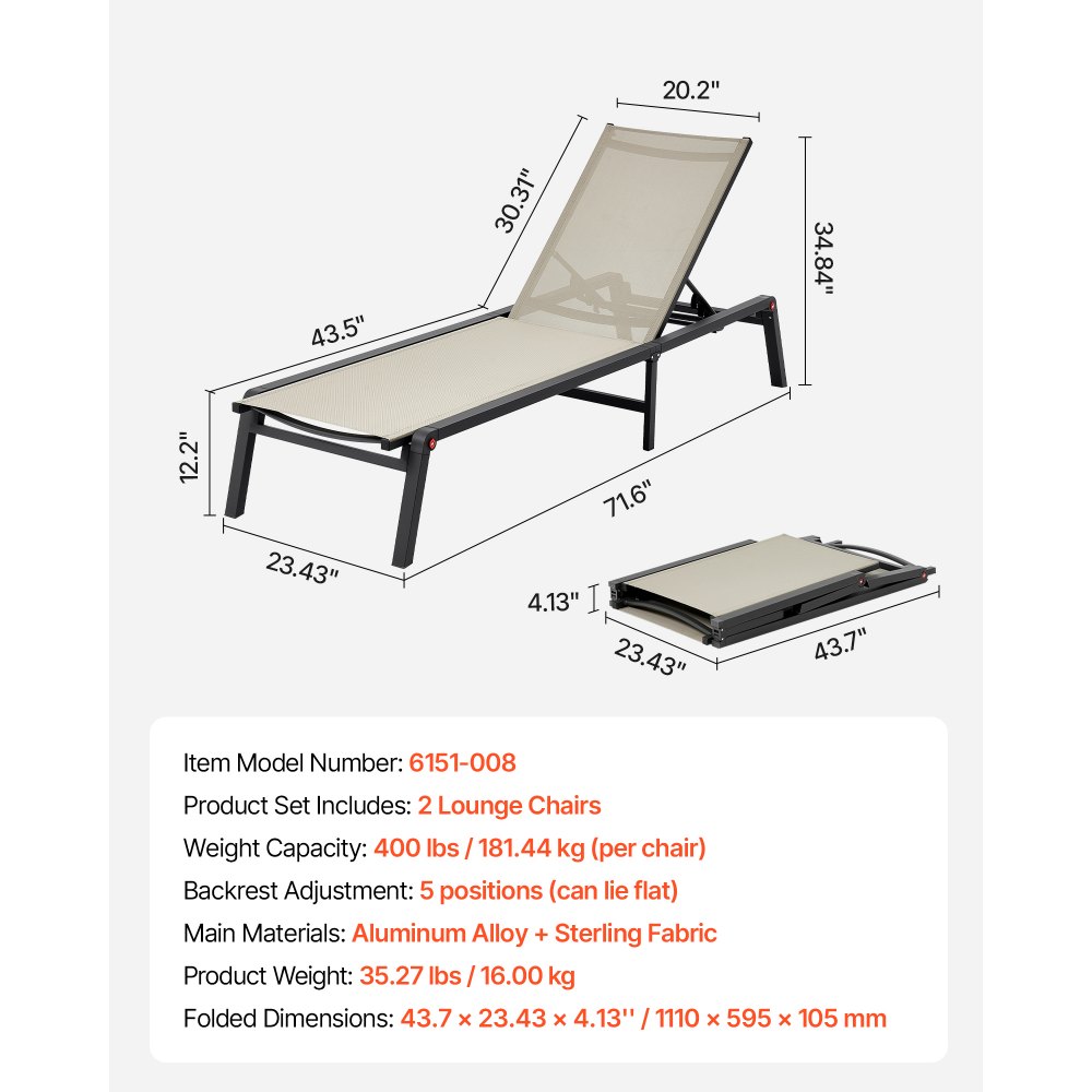 VEVOR Set di Sedie a Sdraio da Esterno 2 pezzi, Carico 180 kg, Sedia a Sdraio Pieghevole, Posizioni Regolabili, Facile da Montare, Sdraio Reclinabili in Alluminio per Piscina, Spiaggia, Giardino